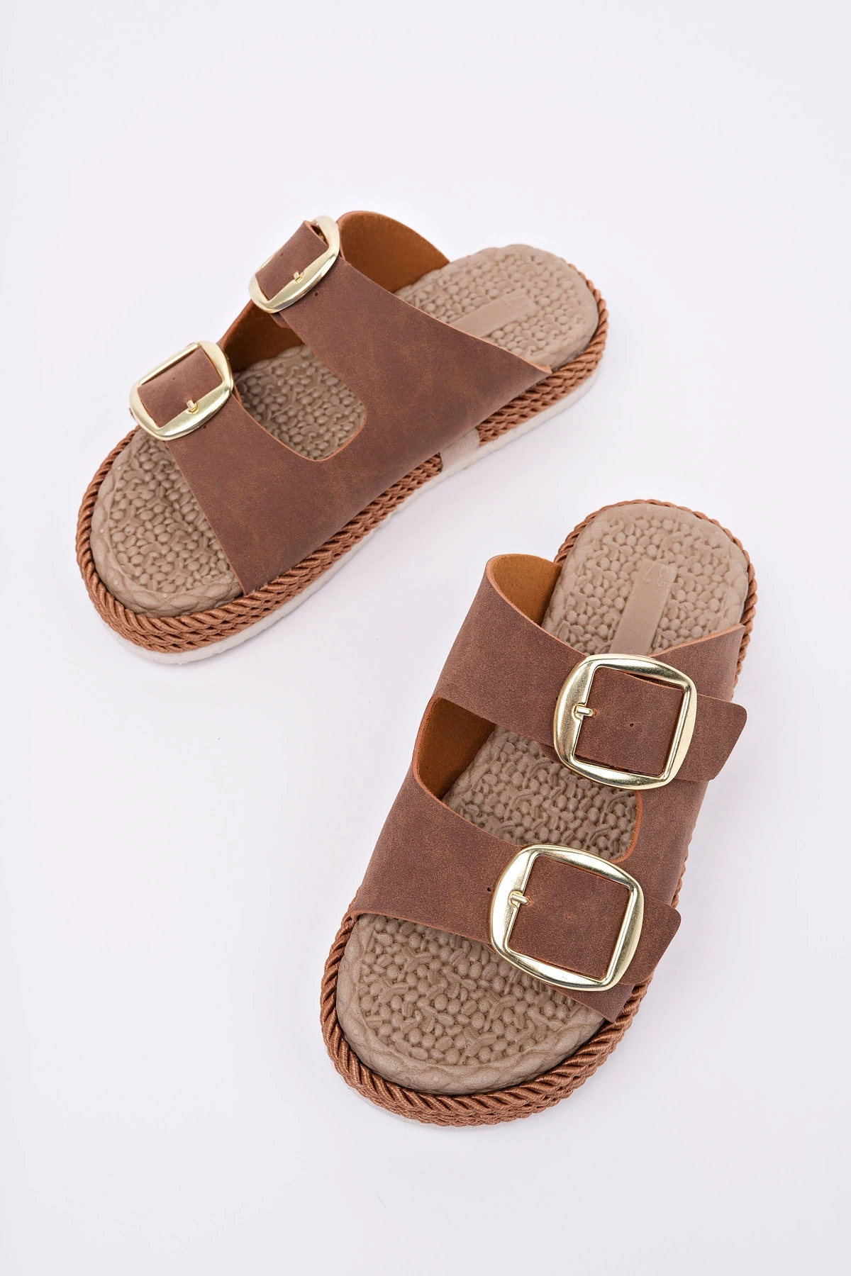 Kadın Taba Günlük Çift Tokalı Rahat Taban Hasır Sandalet Terlik