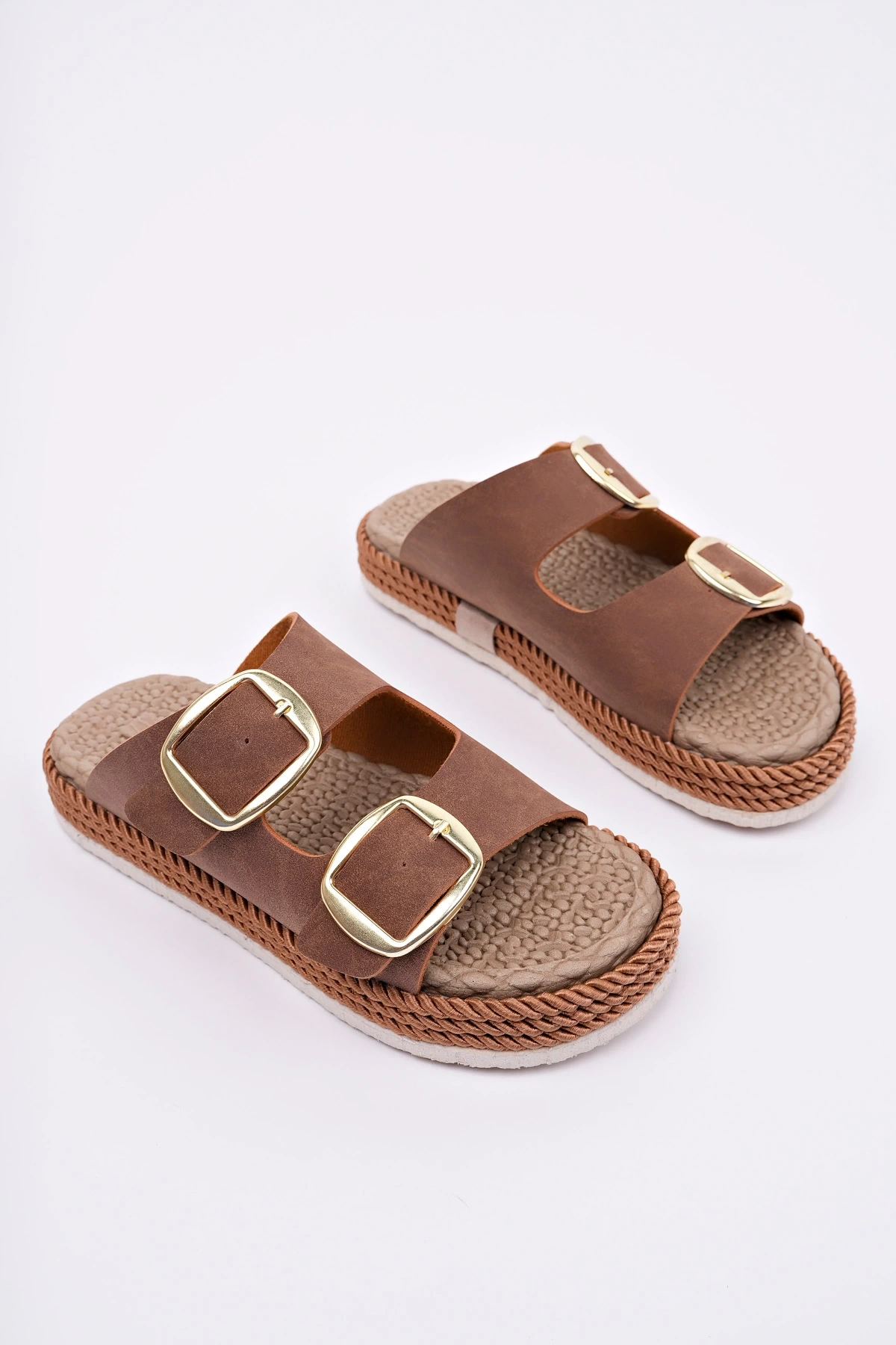 Kadın Taba Günlük Çift Tokalı Rahat Taban Hasır Sandalet Terlik