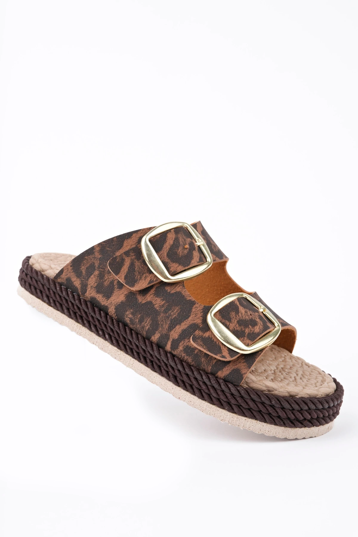 Kadın Leopar Desenli Günlük Çift Tokalı Rahat Taban Hasır Sandalet Terlik