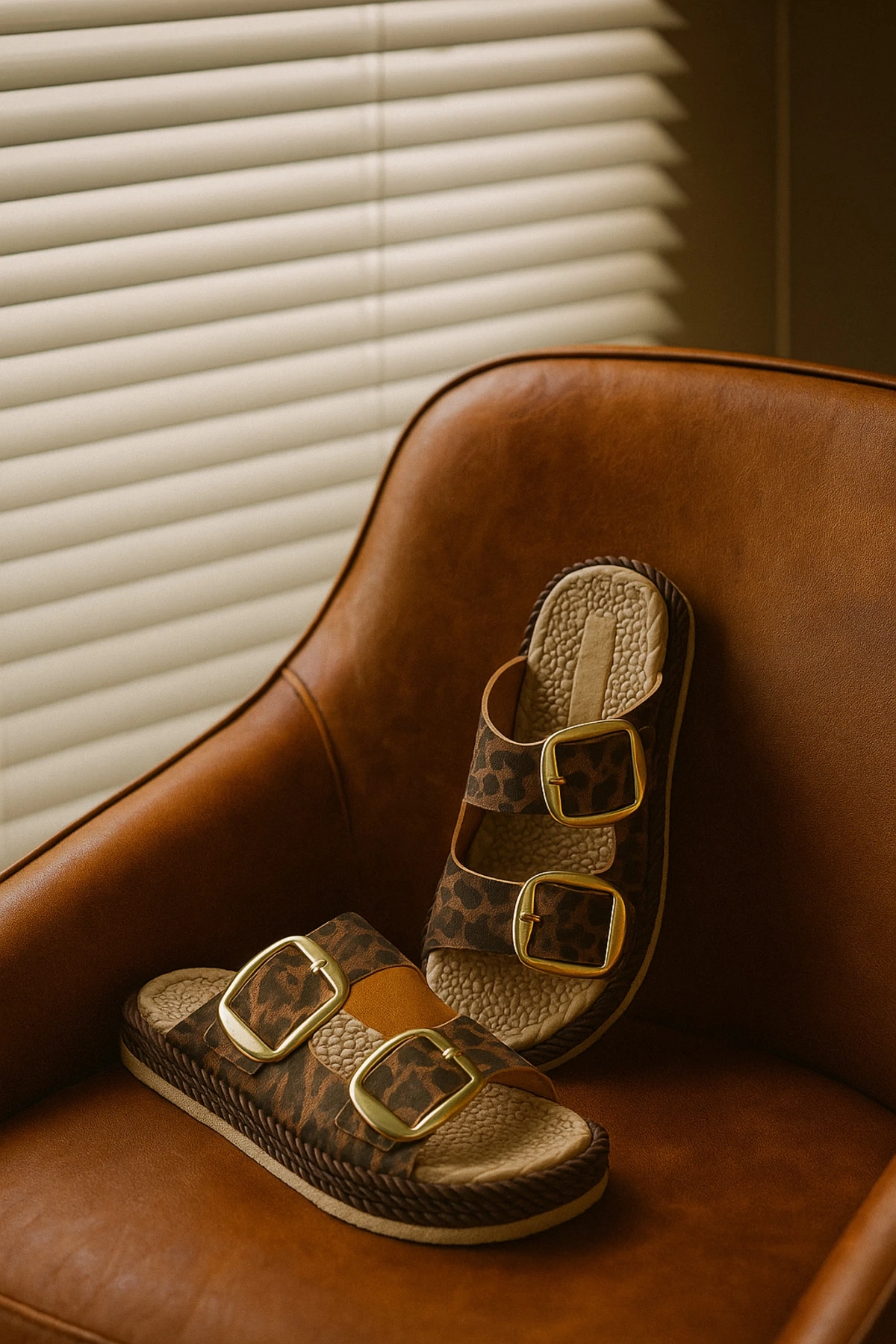 Kadın Leopar Desenli Günlük Çift Tokalı Rahat Taban Hasır Sandalet Terlik