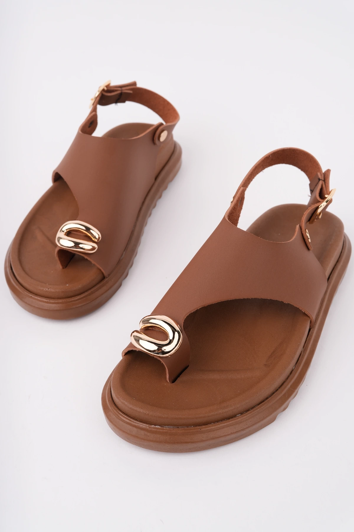 Kadın Taba Deri Günlük Gold Yüzük Parmak Arası Sandalet