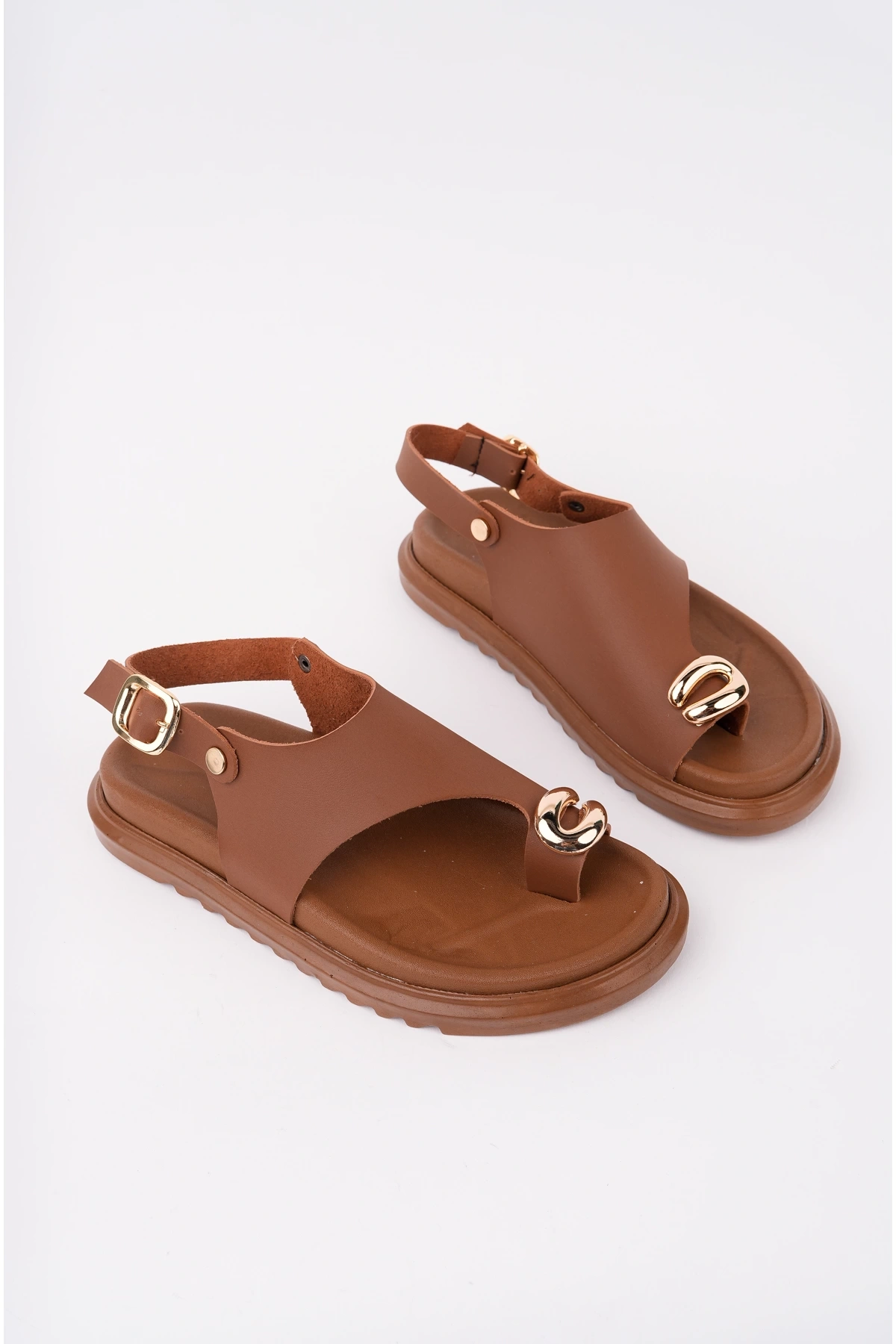 Kadın Taba Deri Günlük Gold Yüzük Parmak Arası Sandalet