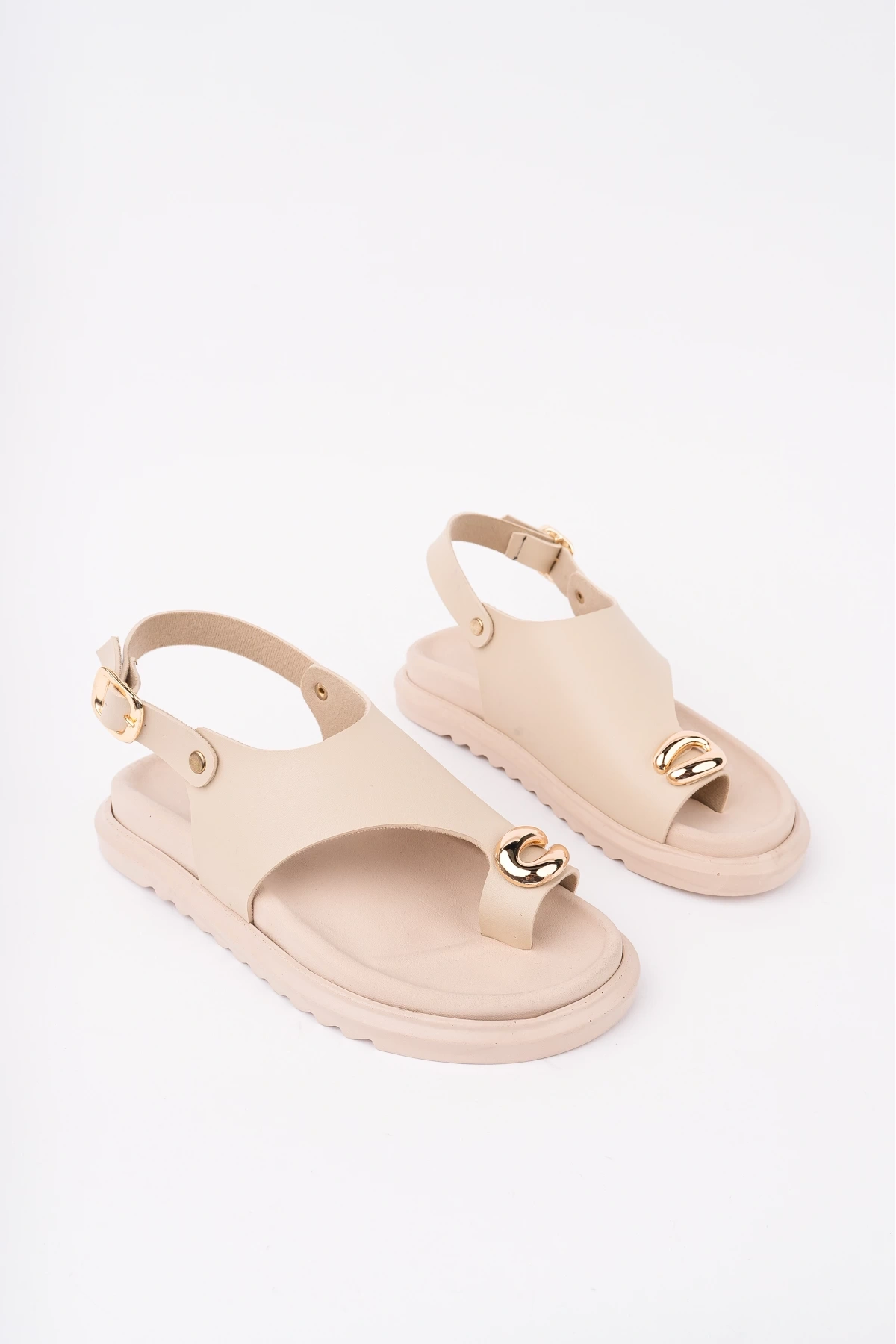 Kadın Bej Deri Günlük Gold Yüzük Parmak Arası Sandalet