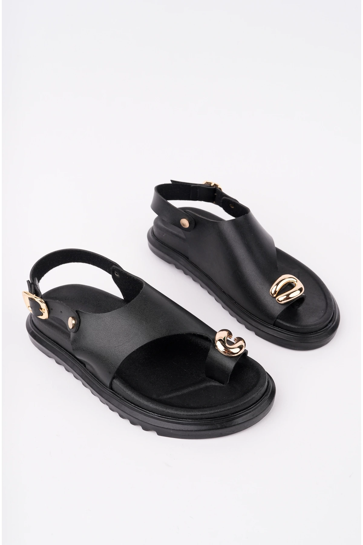 Kadın Siyah Deri Günlük Gold yüzük Parmak Arası Sandalet