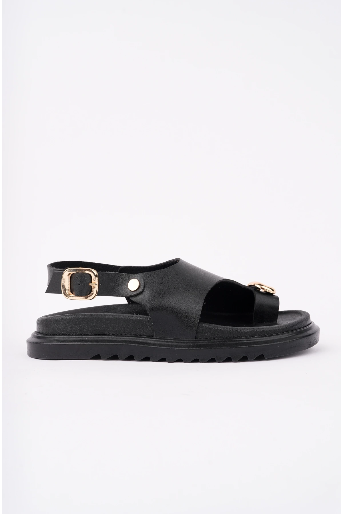 Kadın Siyah Deri Günlük Gold yüzük Parmak Arası Sandalet