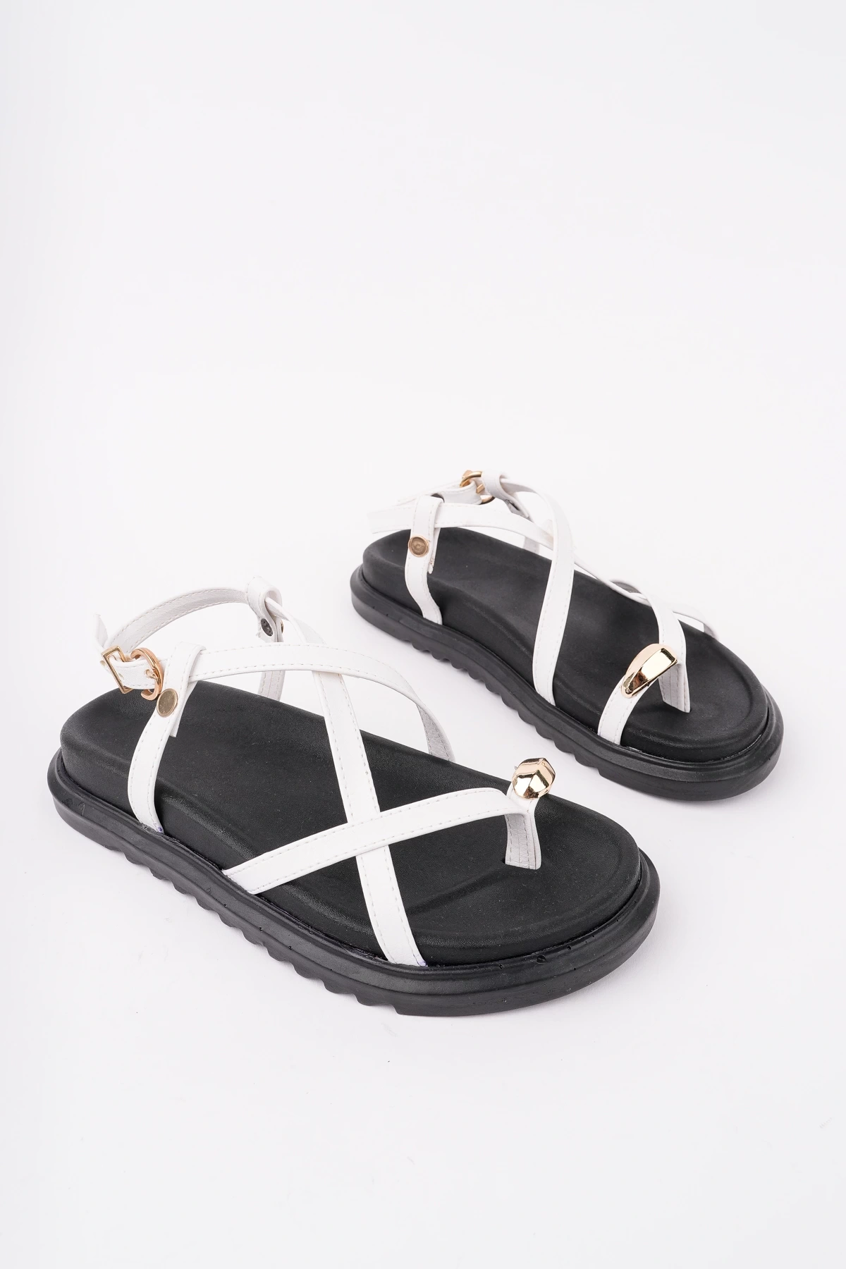 Kadın Siyah Beyaz Günlük Gold Yüzük Ince Çapraz Bantlı Parmak Arası Sandalet