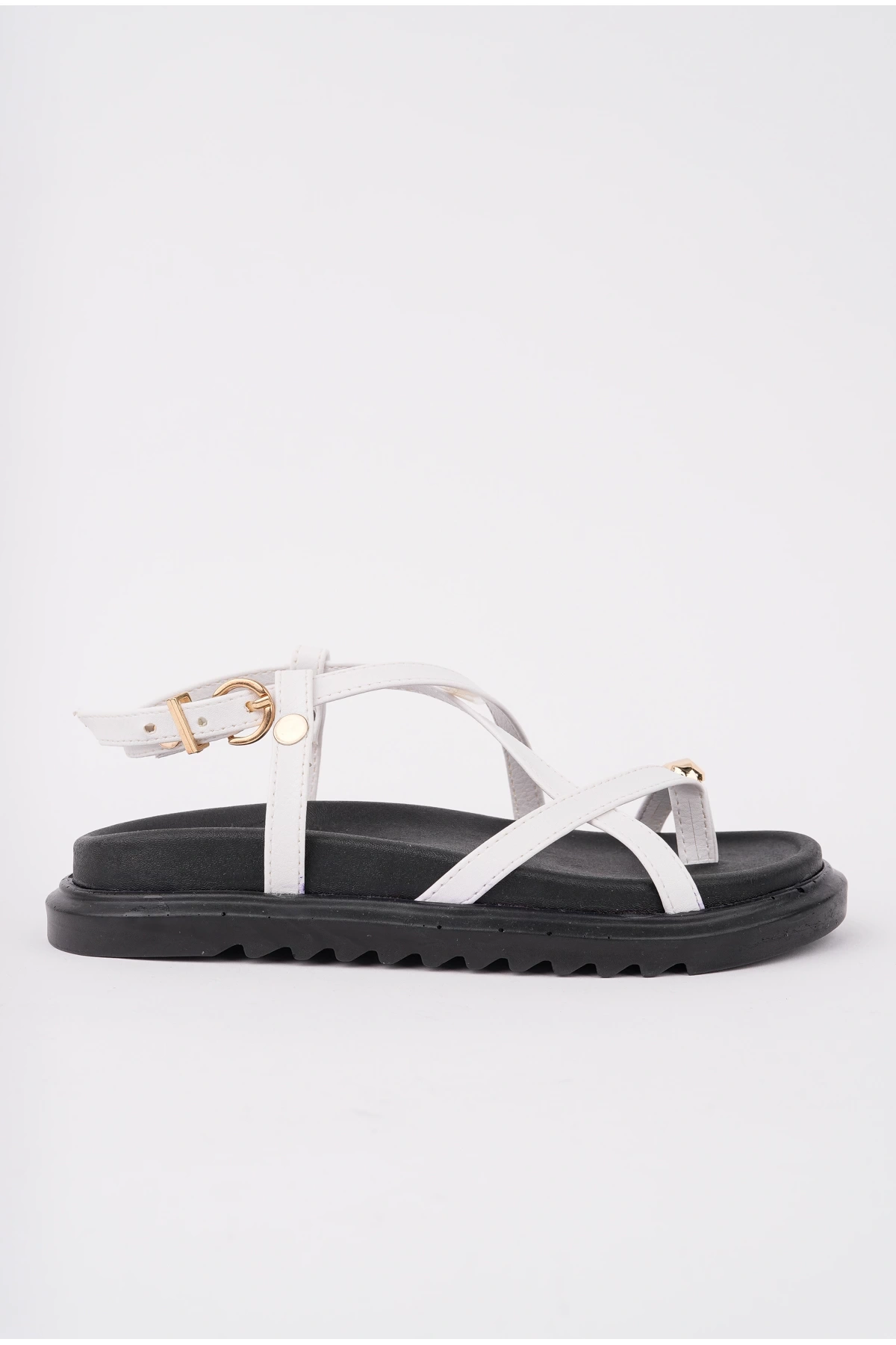 Kadın Siyah Beyaz Günlük Gold Yüzük Ince Çapraz Bantlı Parmak Arası Sandalet