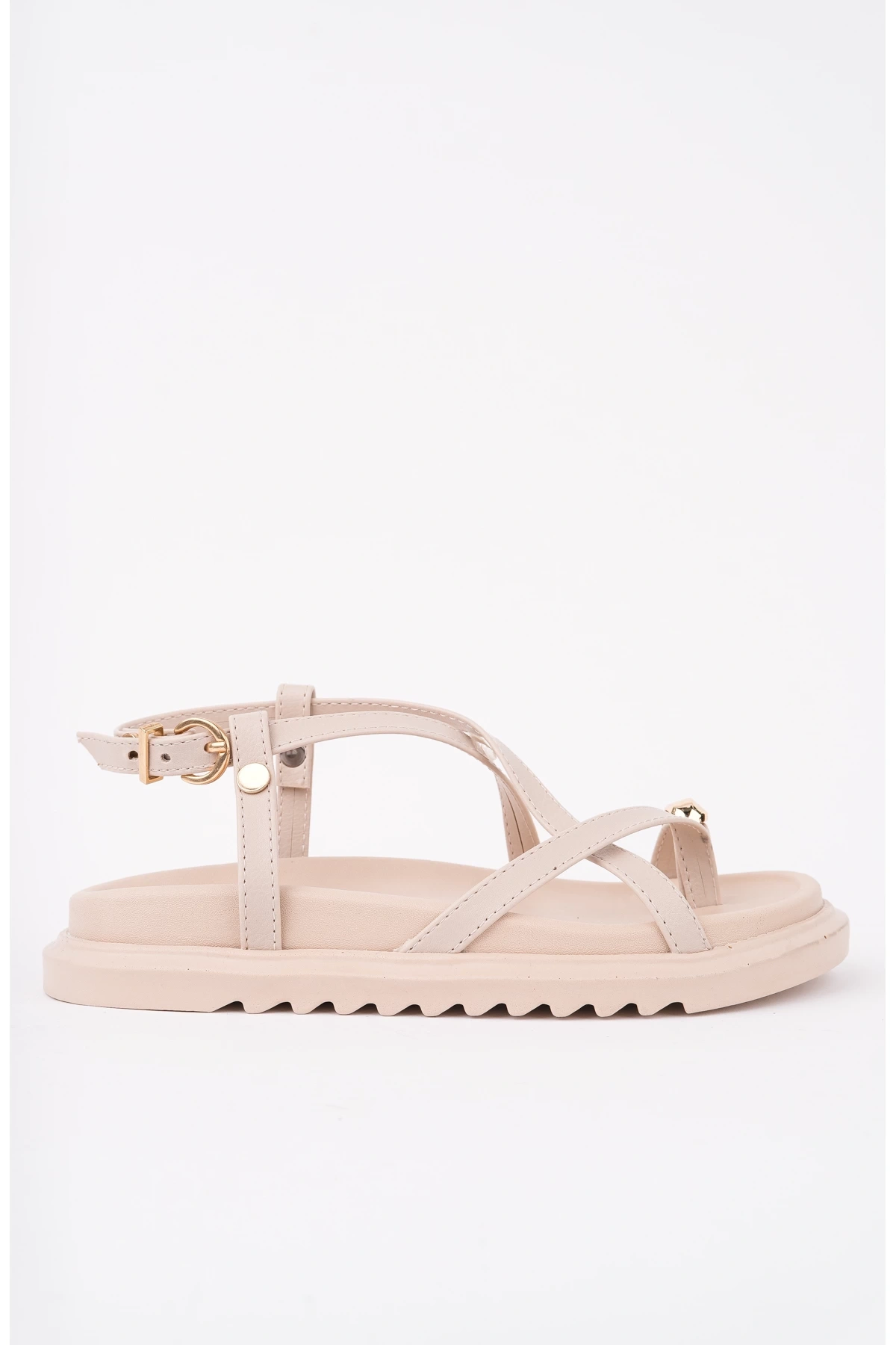 Kadın Bej Günlük Gold Yüzük Ince Çapraz Bantlı Parmak Arası Sandalet