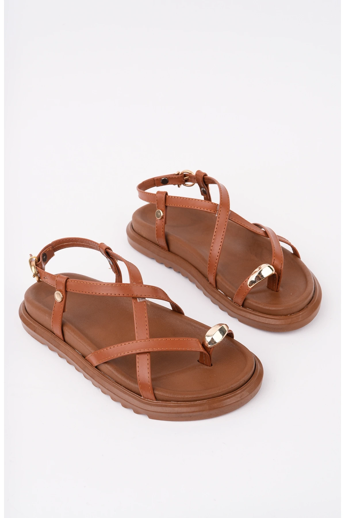 Kadın Taba Günlük Gold Yüzük İnce Çapraz Bantlı Parmak Arası Sandalet