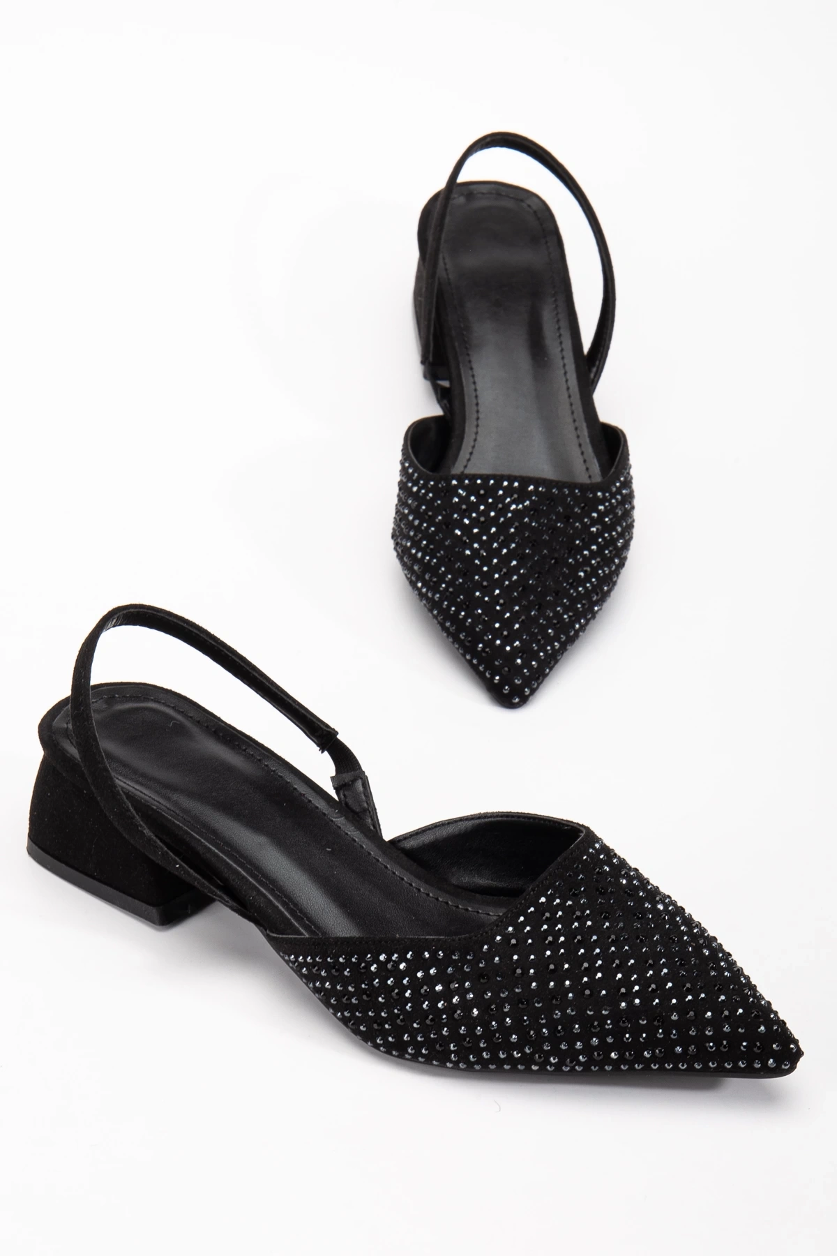 Kadın Siyah Süet Taş Detaylı Sivri Burun Arkası Açık Ayakkabı