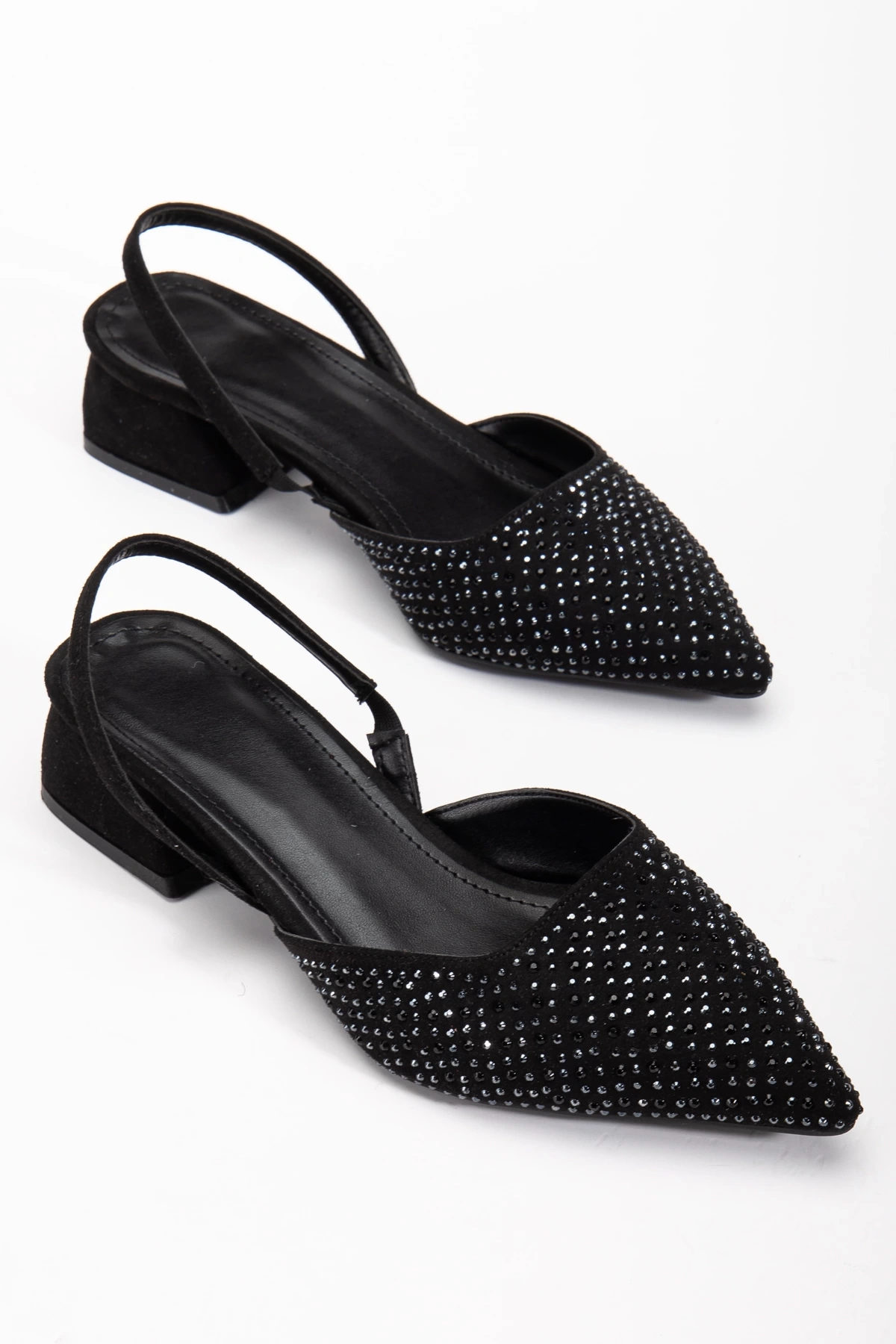 Kadın Siyah Süet Taş Detaylı Sivri Burun Arkası Açık Ayakkabı