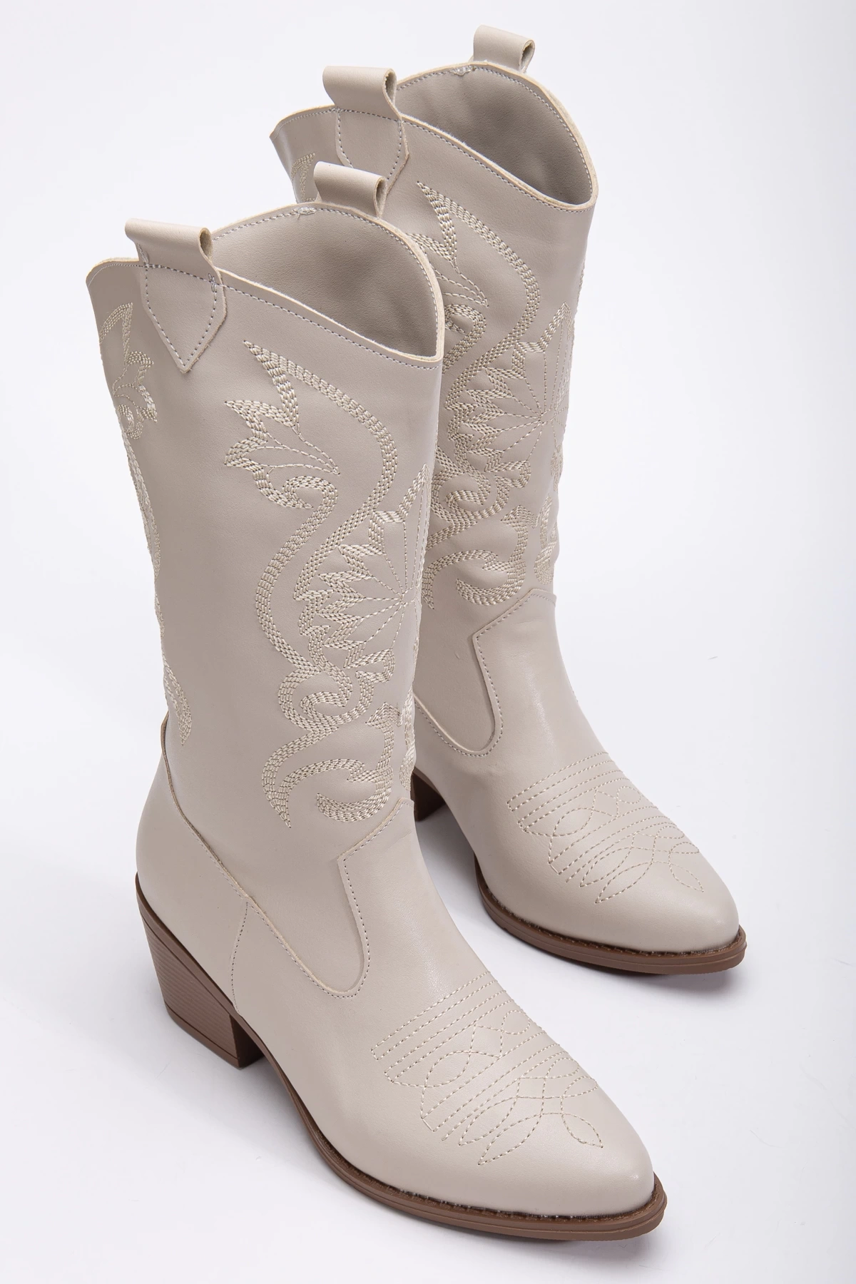 Kadın Özel Nakış Fermuar Detaylı Kovboy Çizme Bej Deri