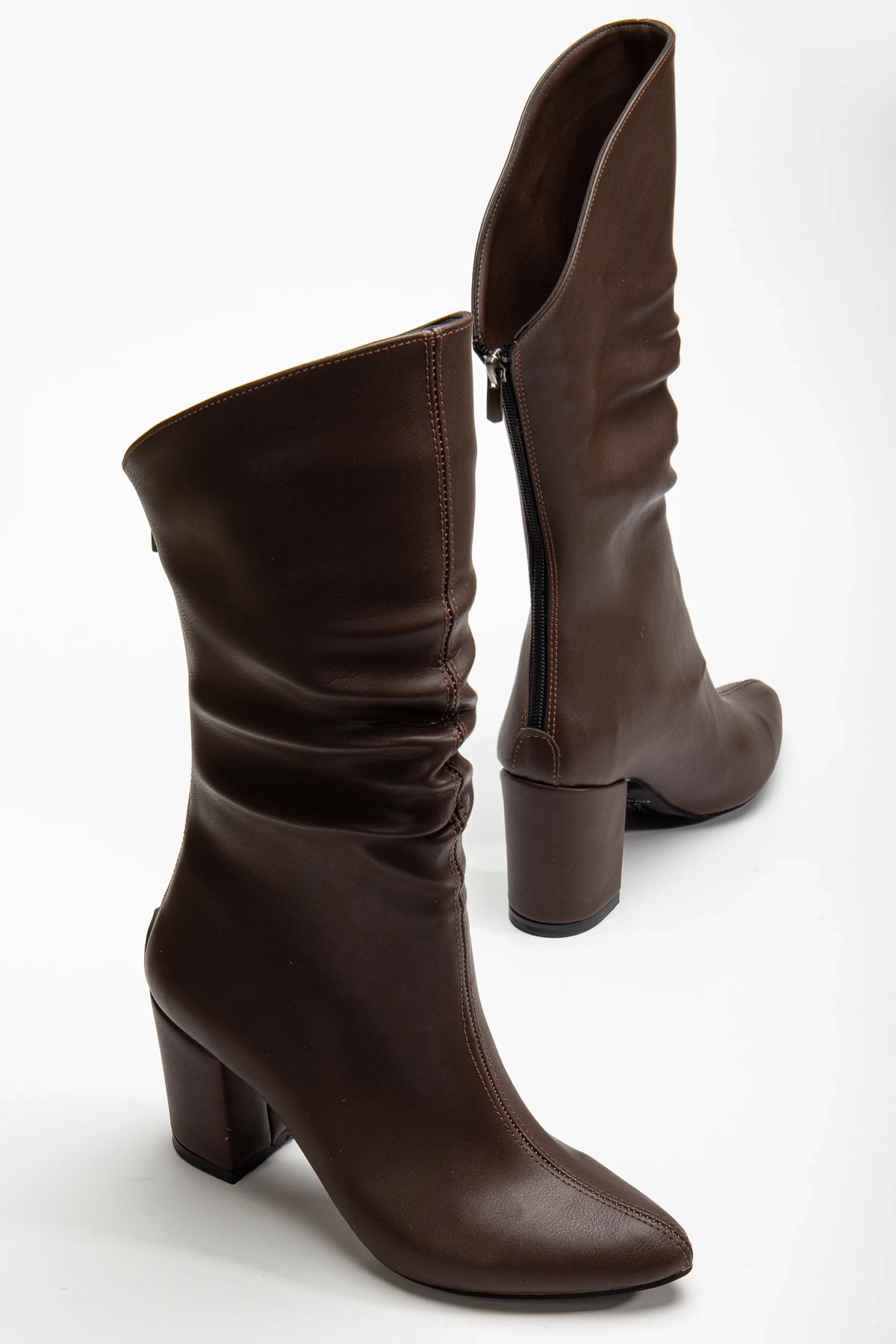 Liora Kadın Kahverengi Arkası Fermuarlı Sivri Burun Büzgülü Çizme