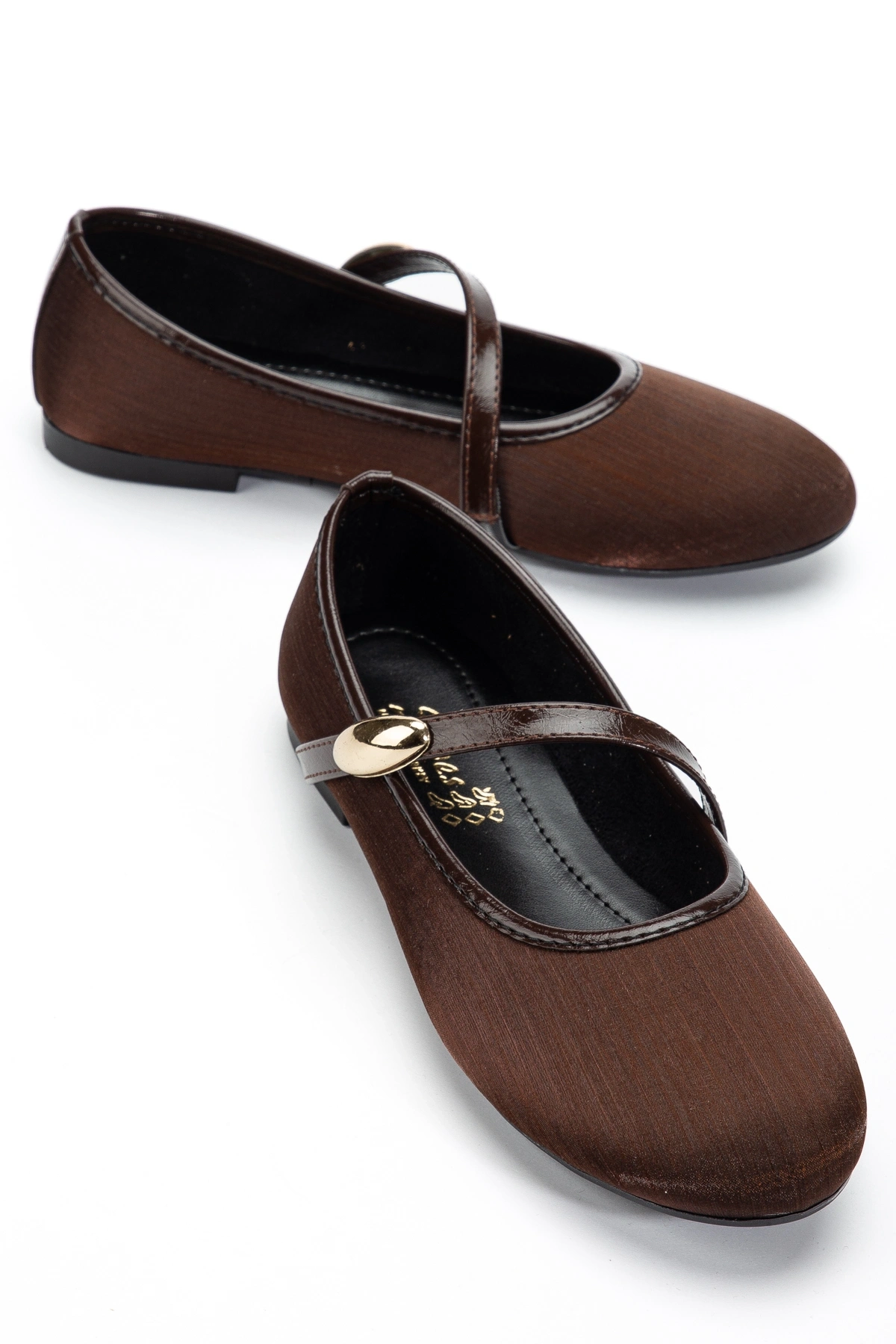 Kadın Kahverengi Gold Aksesuarlı Şık Parlak Kumaş Babet