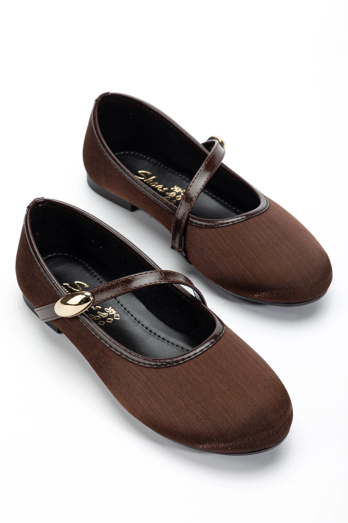 Kadın Kahverengi Gold Aksesuarlı Şık Parlak Kumaş Babet