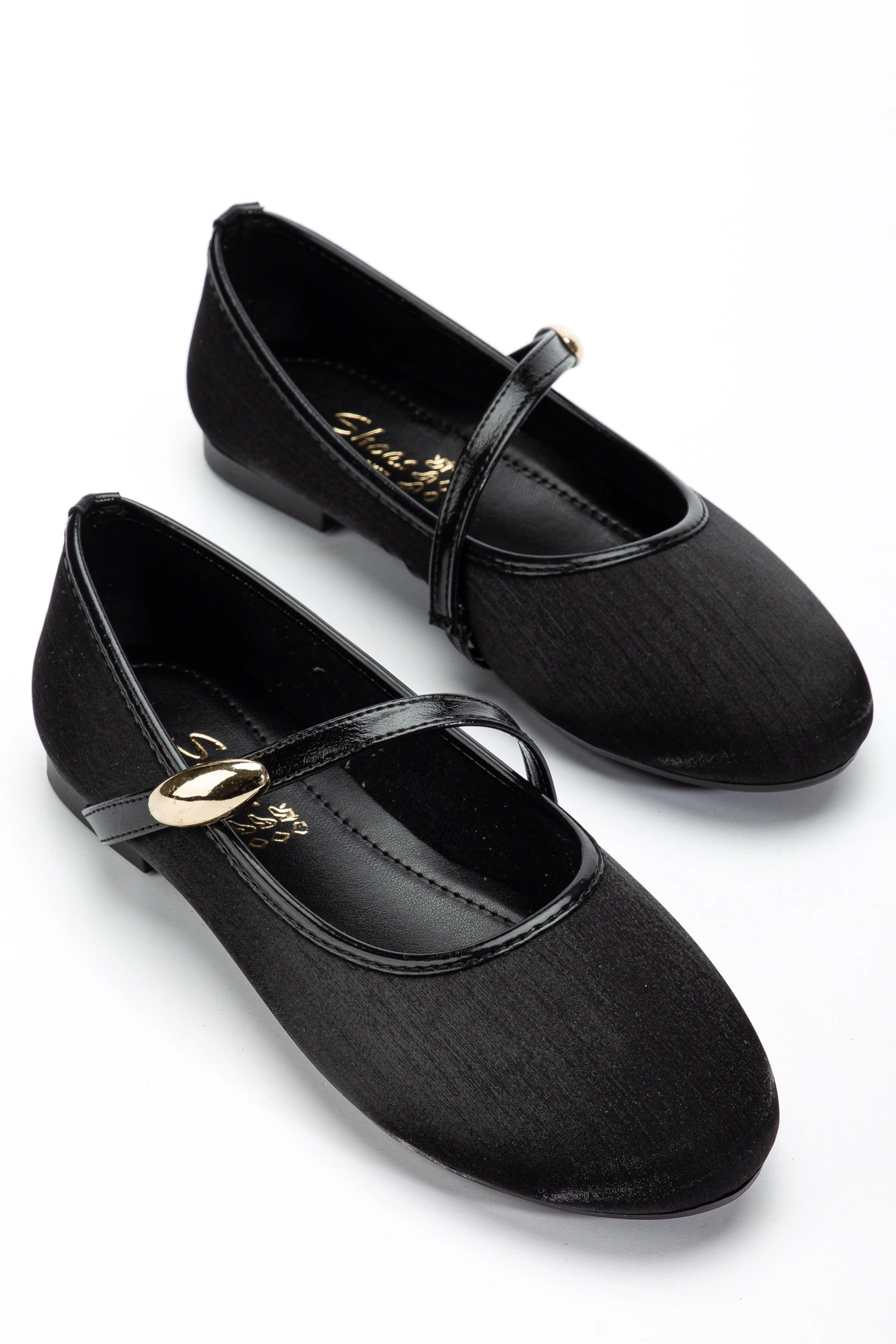 Kadın Siyah Gold Aksesuarlı Şık Parlak Kumaş Babet