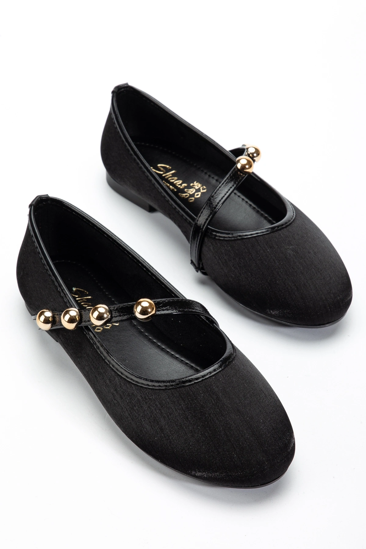 Kadın Siyah Gold Aksesuarlı Şık Parlak Kumaş Babet