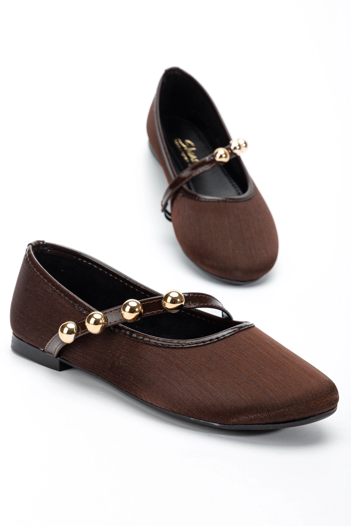 Kadın kahverengi Gold Aksesuarlı Şık Parlak Kumaş Babet