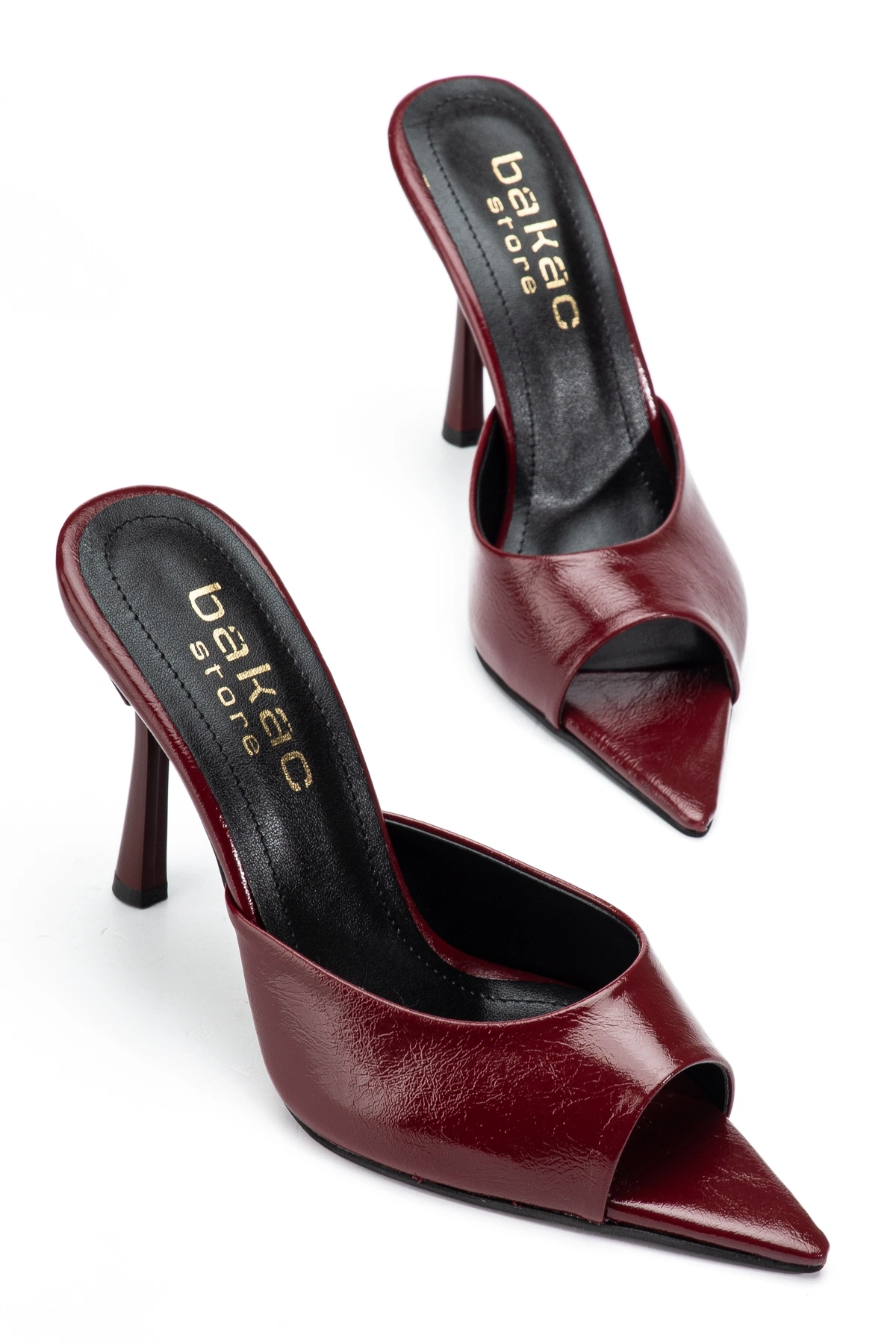 Kadın Bordo Sivri Burun Kırışık Rugan Topuklu Terlik