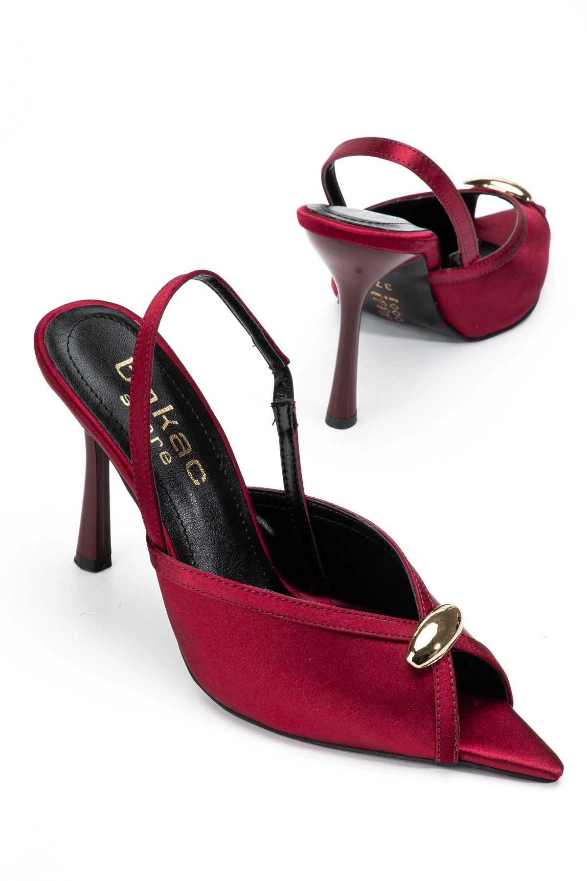 Kadın Saten Bordo Toka Detaylı Sivri Burun Topuklu Ayakkabı