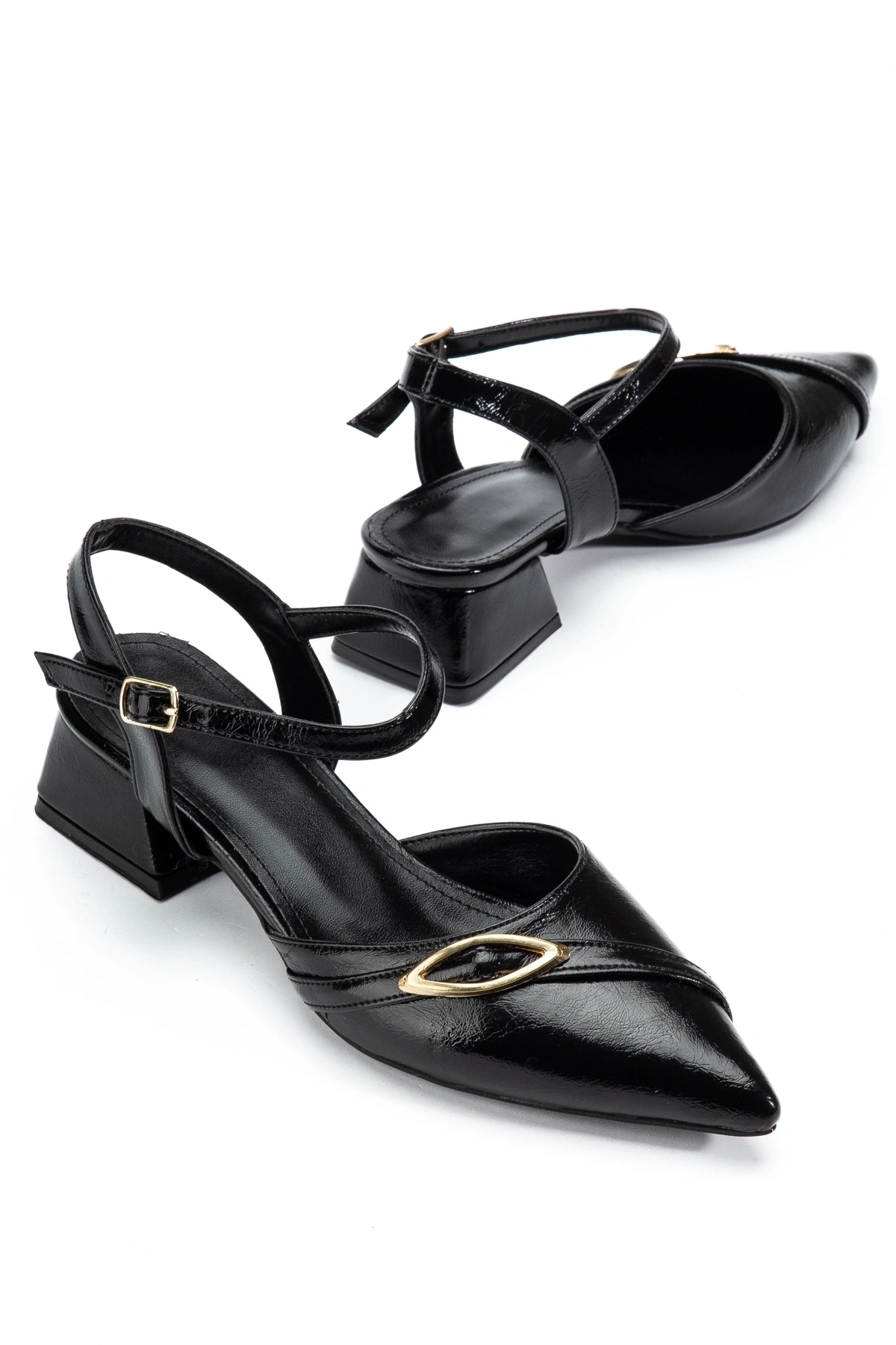 Kadın Siyah Kırışık Rugan Kısa Topuklu Ayakkabı