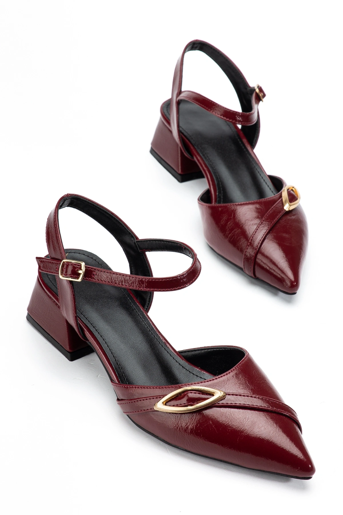 Kadın Bordo Kırışık Rugan Kısa Topuklu Ayakkabı