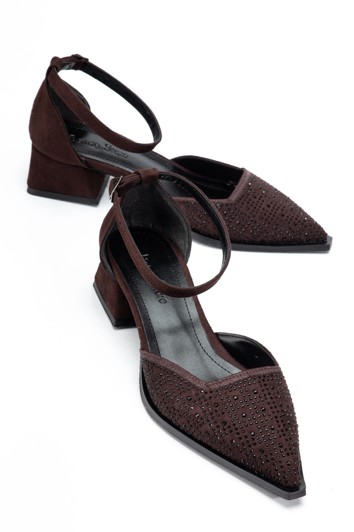 Kadın Acı Kahverengi Parlak Taşlı Süet Kumaş Kısa Topuklu Ayakkabı