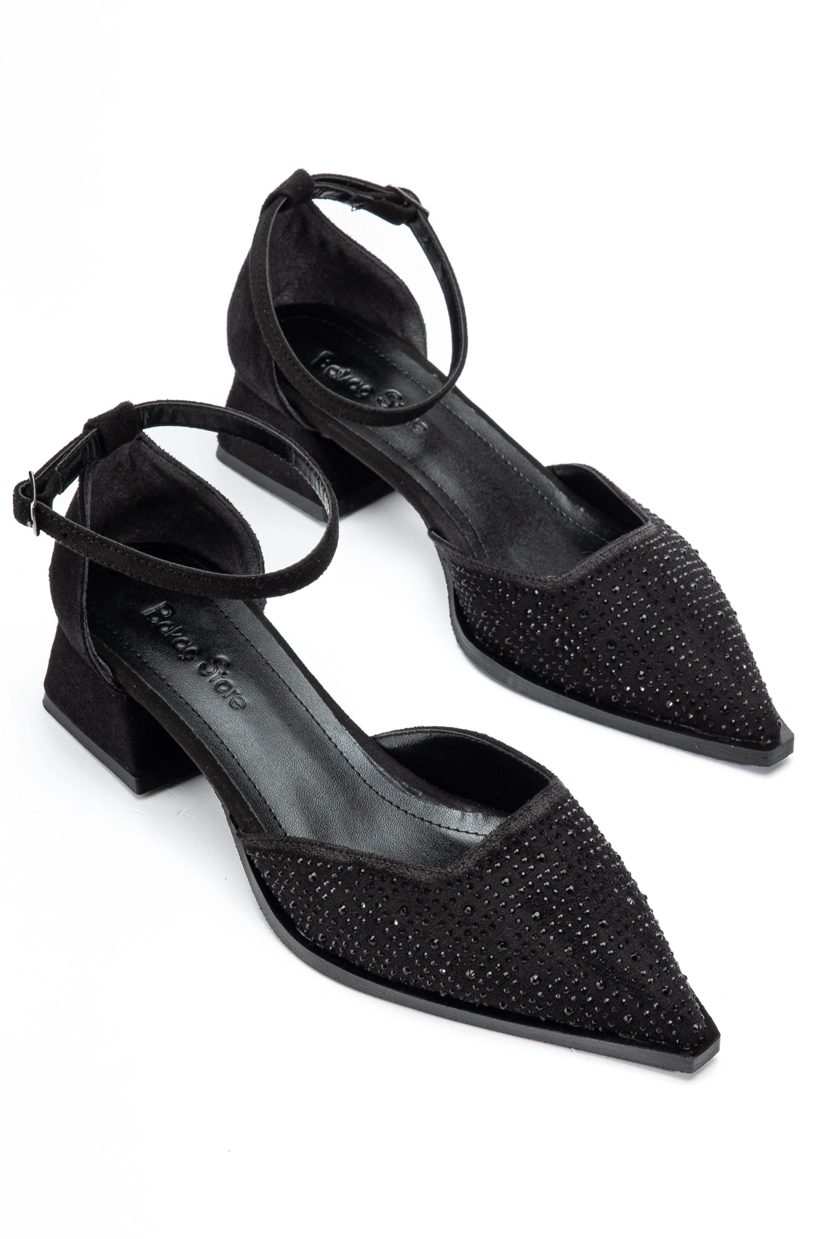 Kadın Siyah Parlak Taşlı Süet Kumaş Kısa Topuklu Ayakkabı