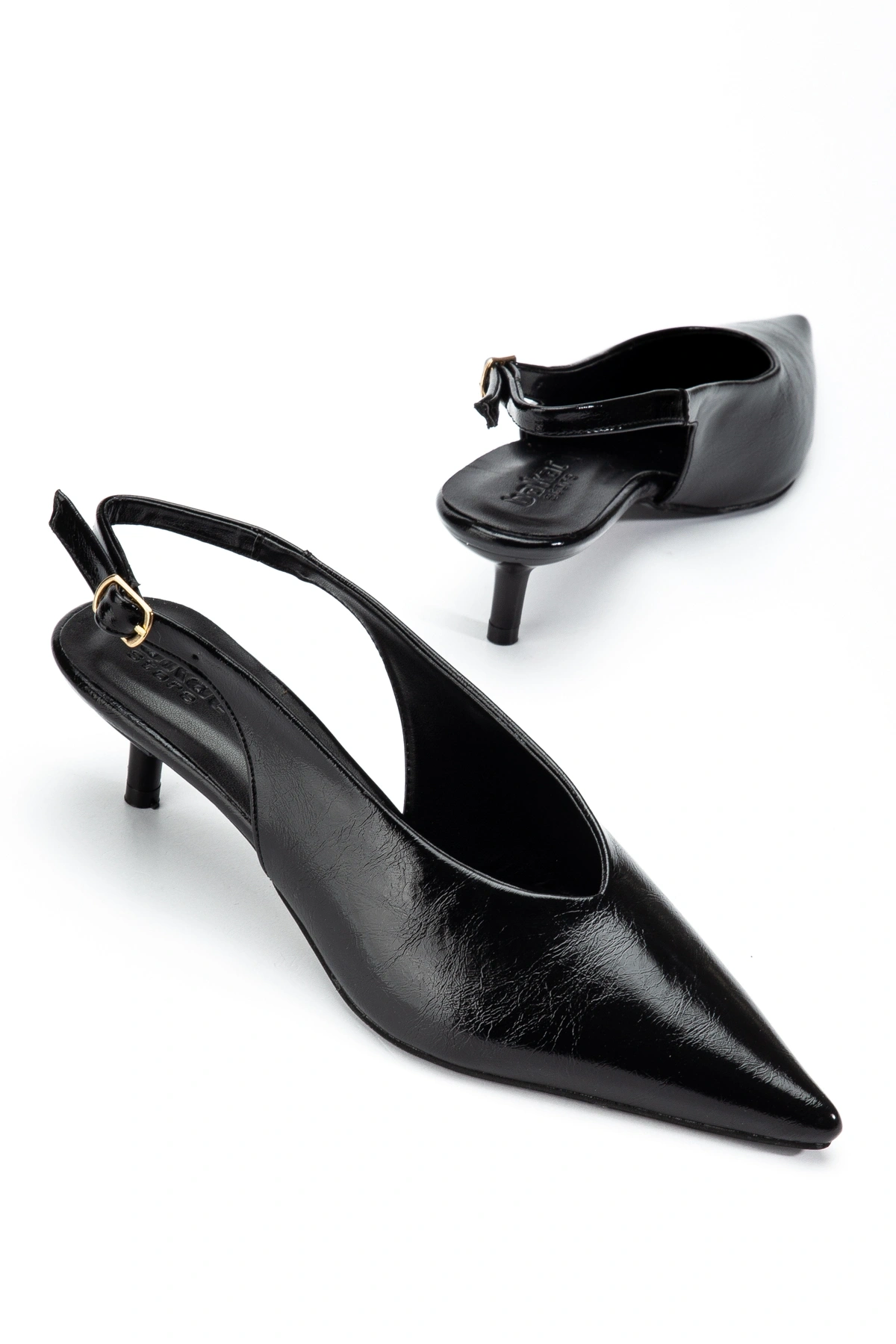 Kadın Siyah Kırışık Rugan Kısa Topuklu Ayakkabı