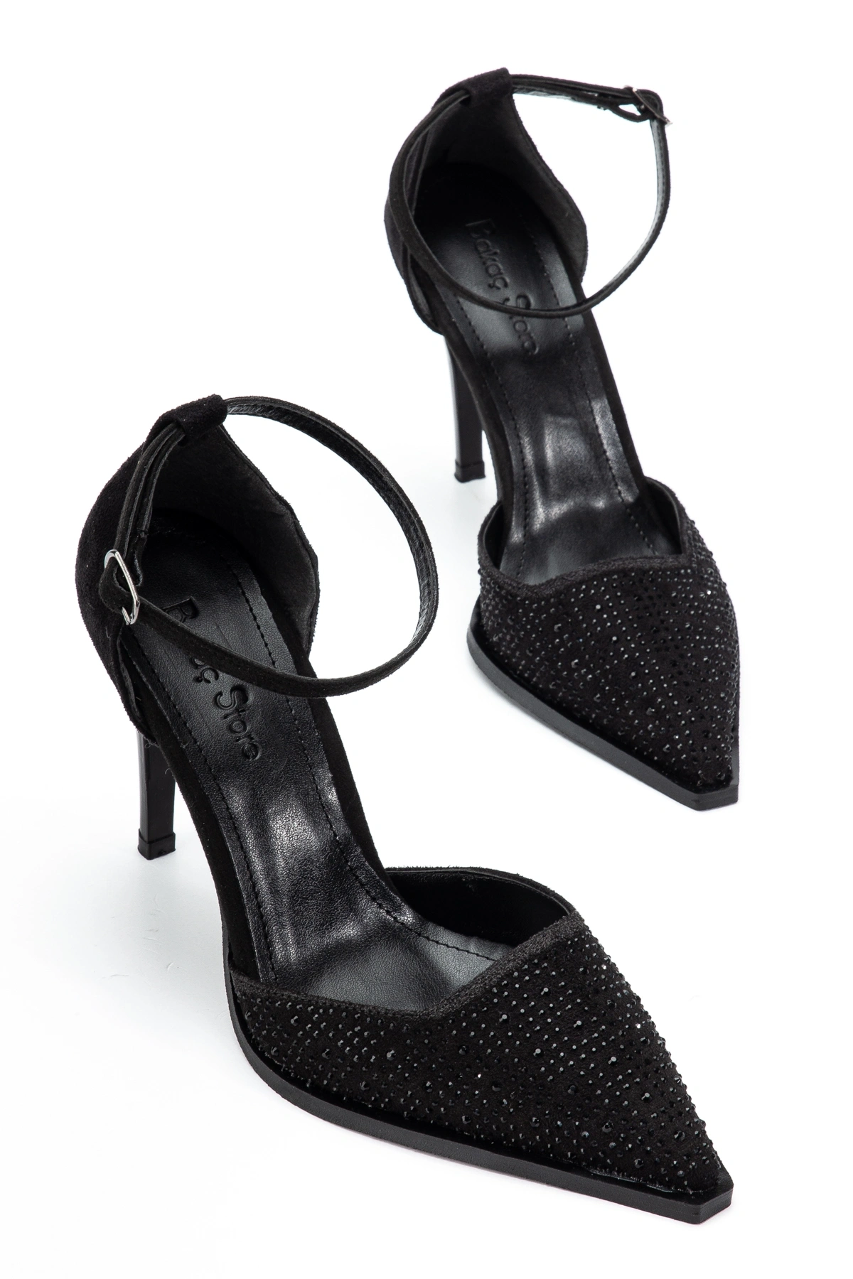 Kadın Siyah Parlak Taşlı Süet Kumaş Topuklu Ayakkabı