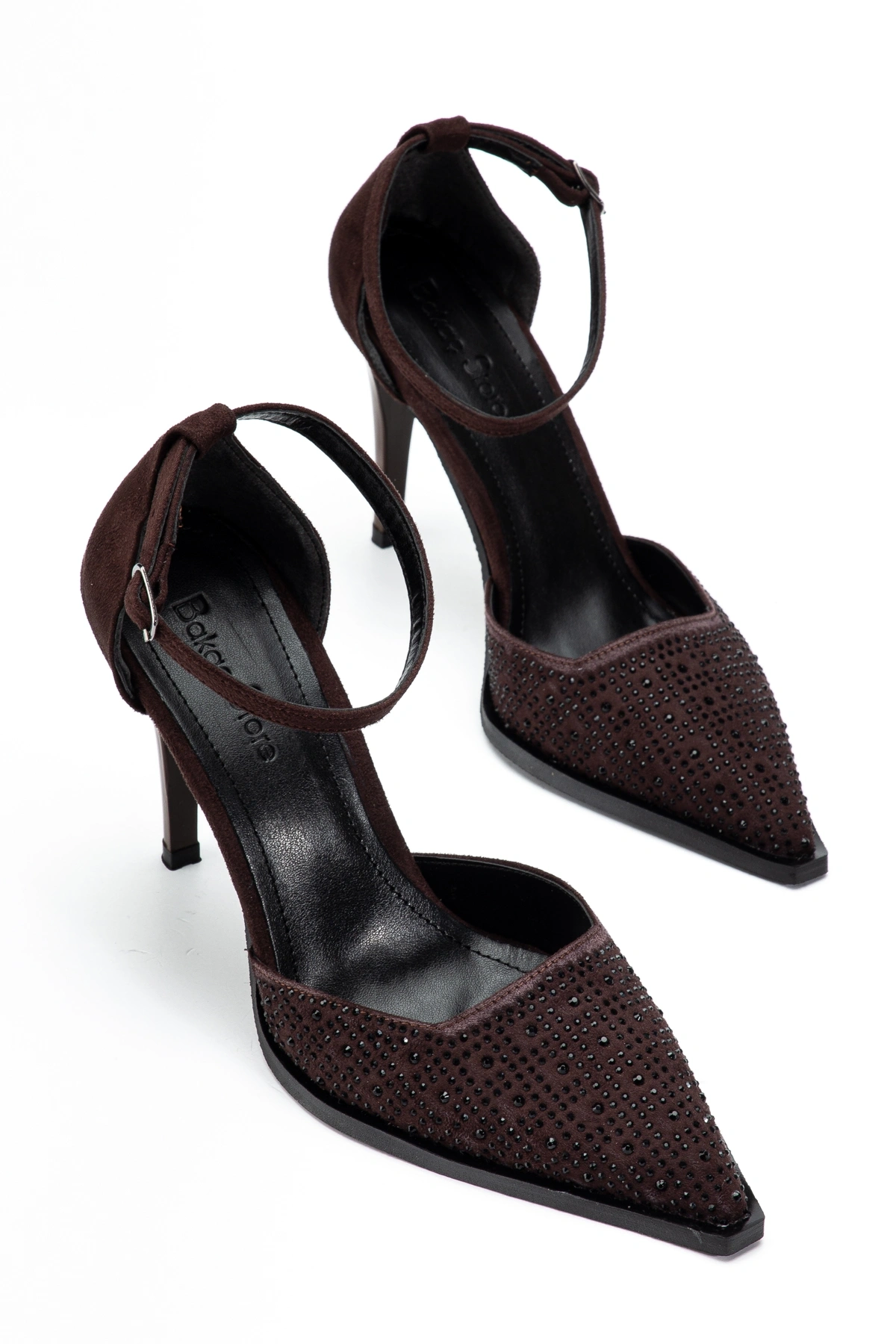 Kadın Acı Kahverengi Parlak Taşlı Süet Kumaş Topuklu Ayakkabı