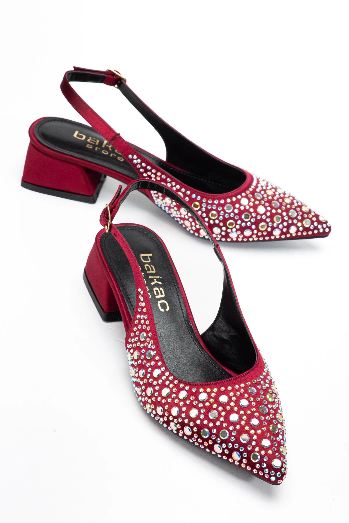 Kadın Bordo Saten Kumaş Pırlantalı Topuklu ayakkabı