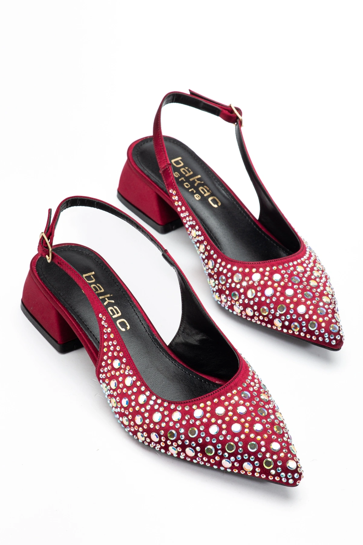 Kadın Bordo Saten Kumaş Pırlantalı Topuklu ayakkabı