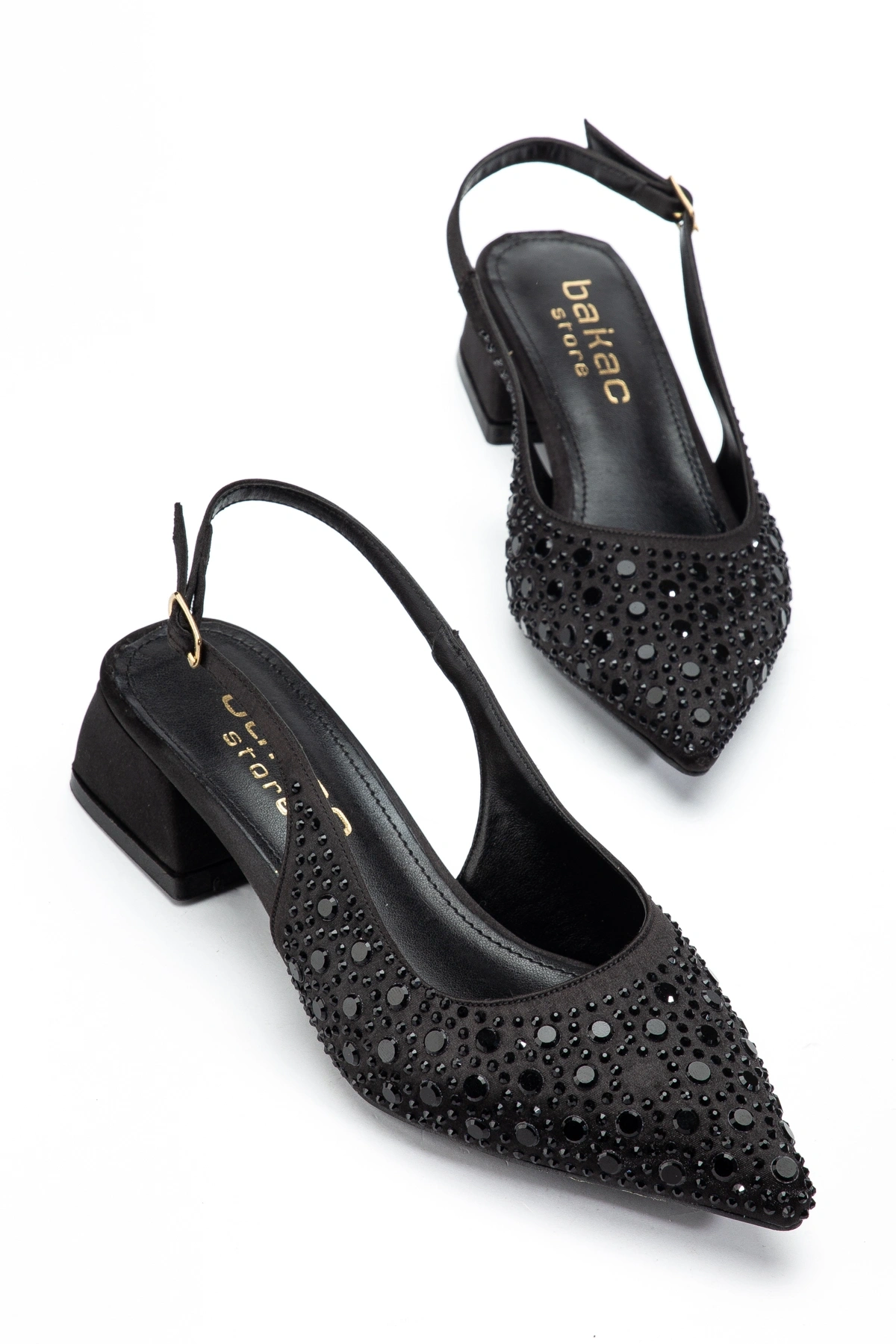 Kadın Siyah Saten Kumaş Pırlantalı Topuklu ayakkabı