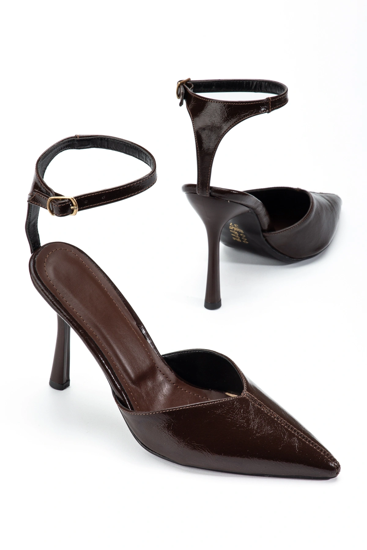 Kadın Kahverengi Kırışık Rugan Önü Dikişli Sivri Burun Topuklu Ayakkabı