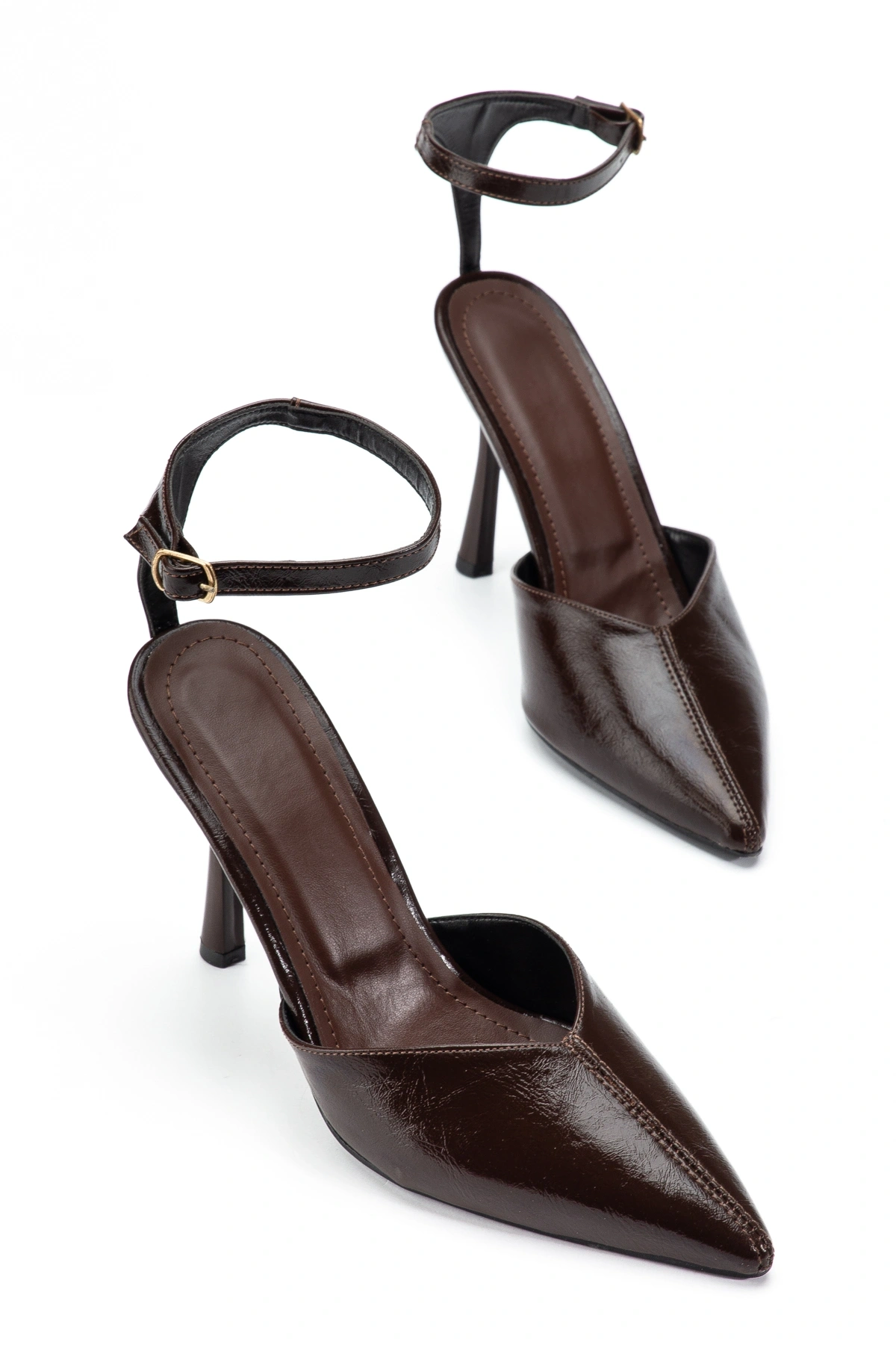 Kadın Kahverengi Kırışık Rugan Önü Dikişli Sivri Burun Topuklu Ayakkabı