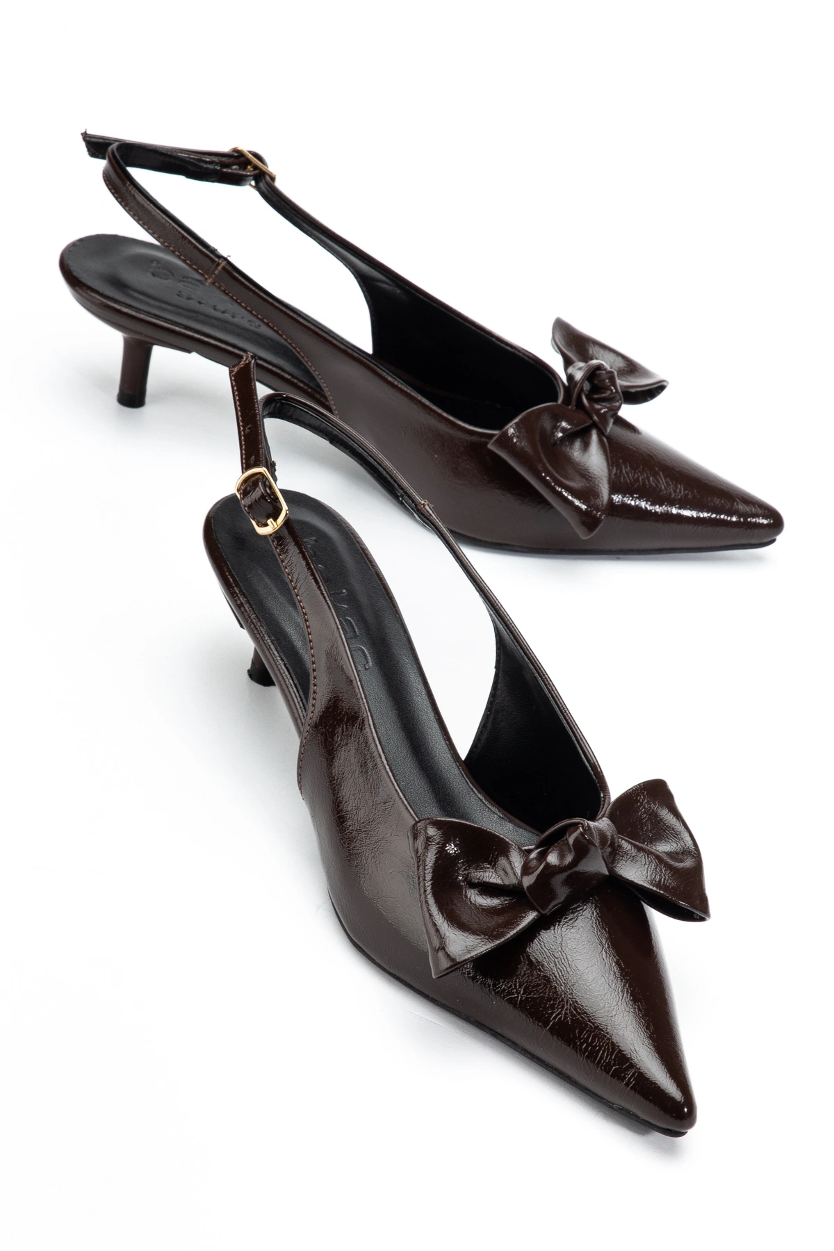 Kadın Kahverengi Kırışık Rugan Fiyonklu Kısa topuklu Ayakkabı