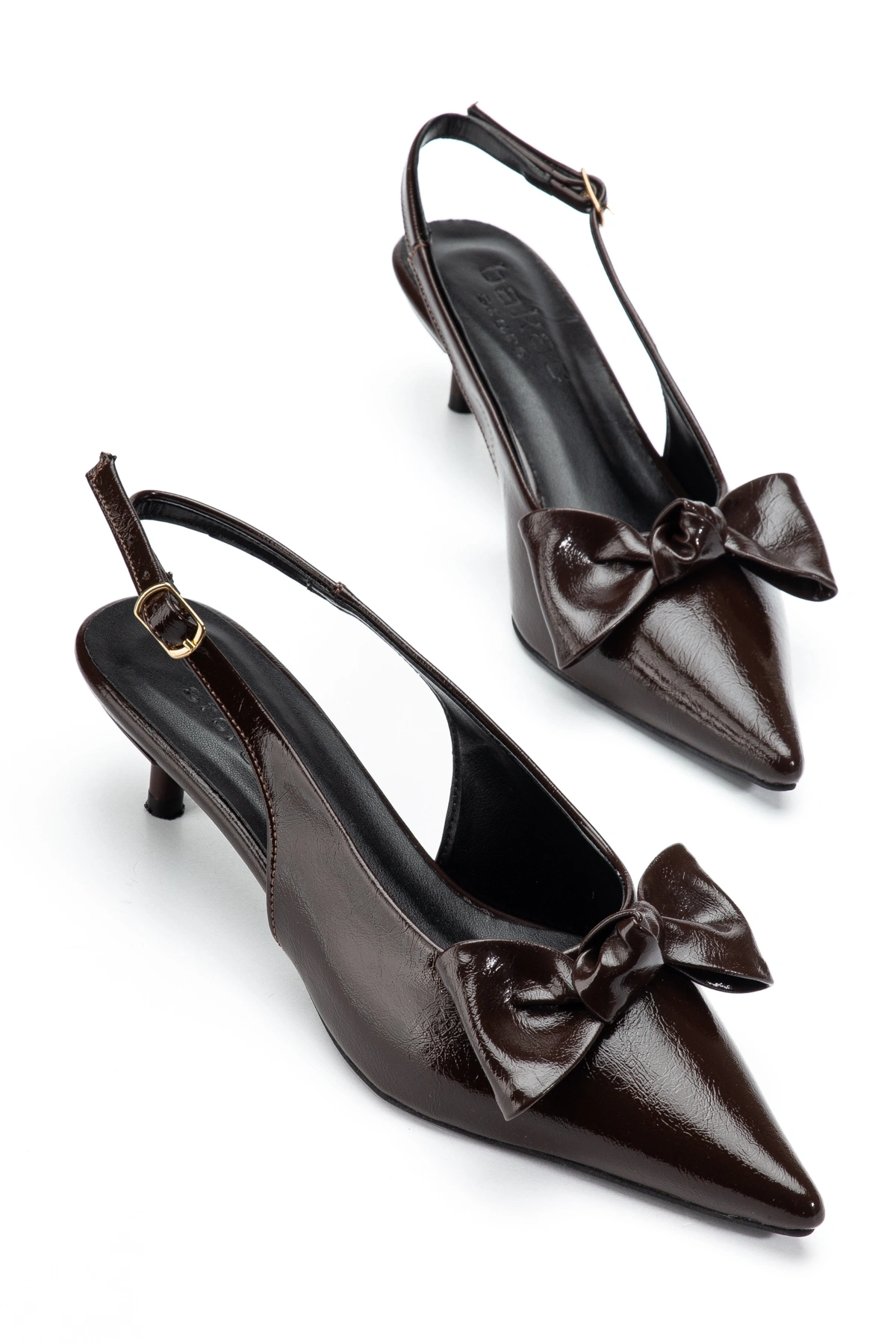 Kadın Kahverengi Kırışık Rugan Fiyonklu Kısa topuklu Ayakkabı