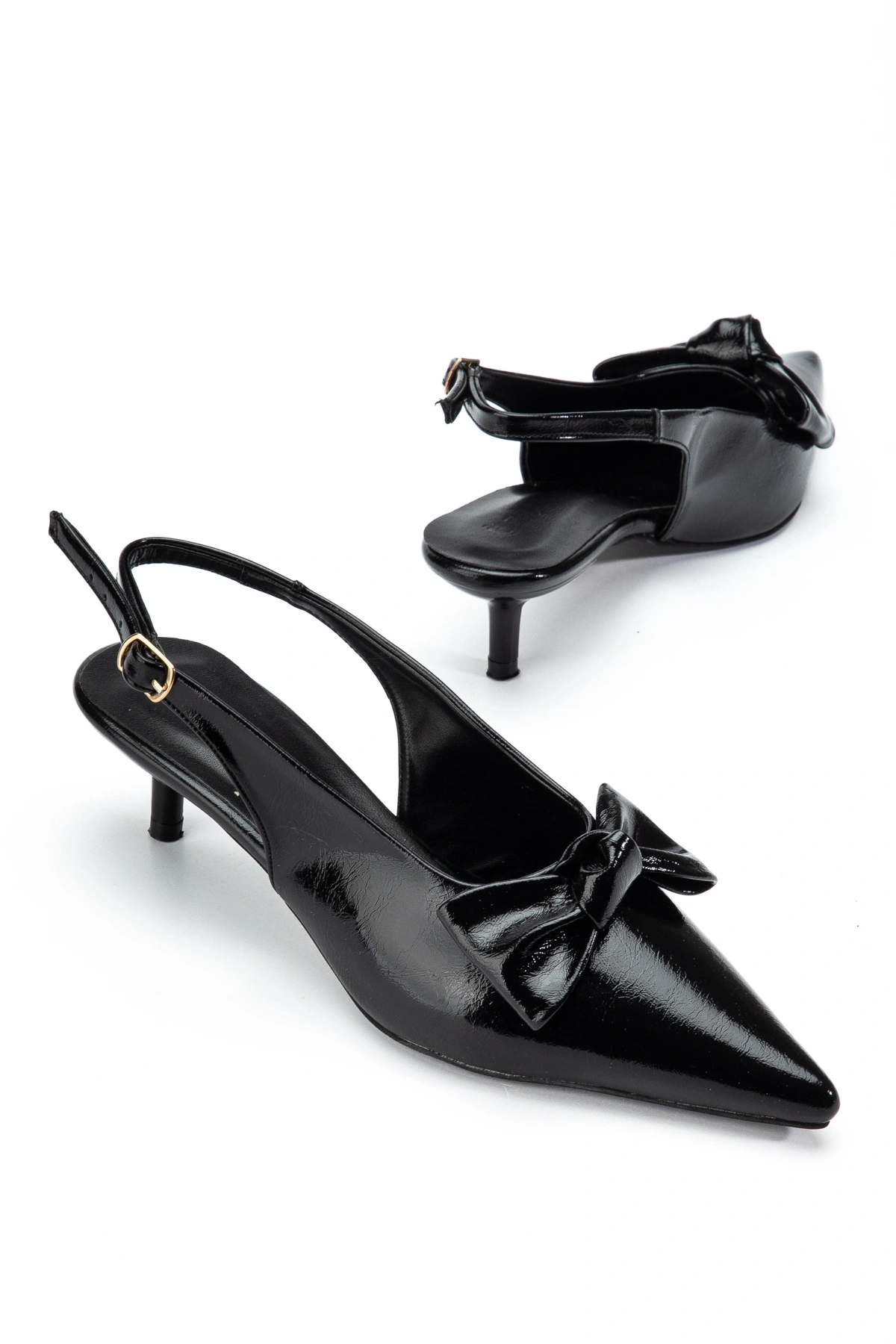 Kadın Siyah Kırışık Rugan Fiyonklu Kısa topuklu Ayakkabı