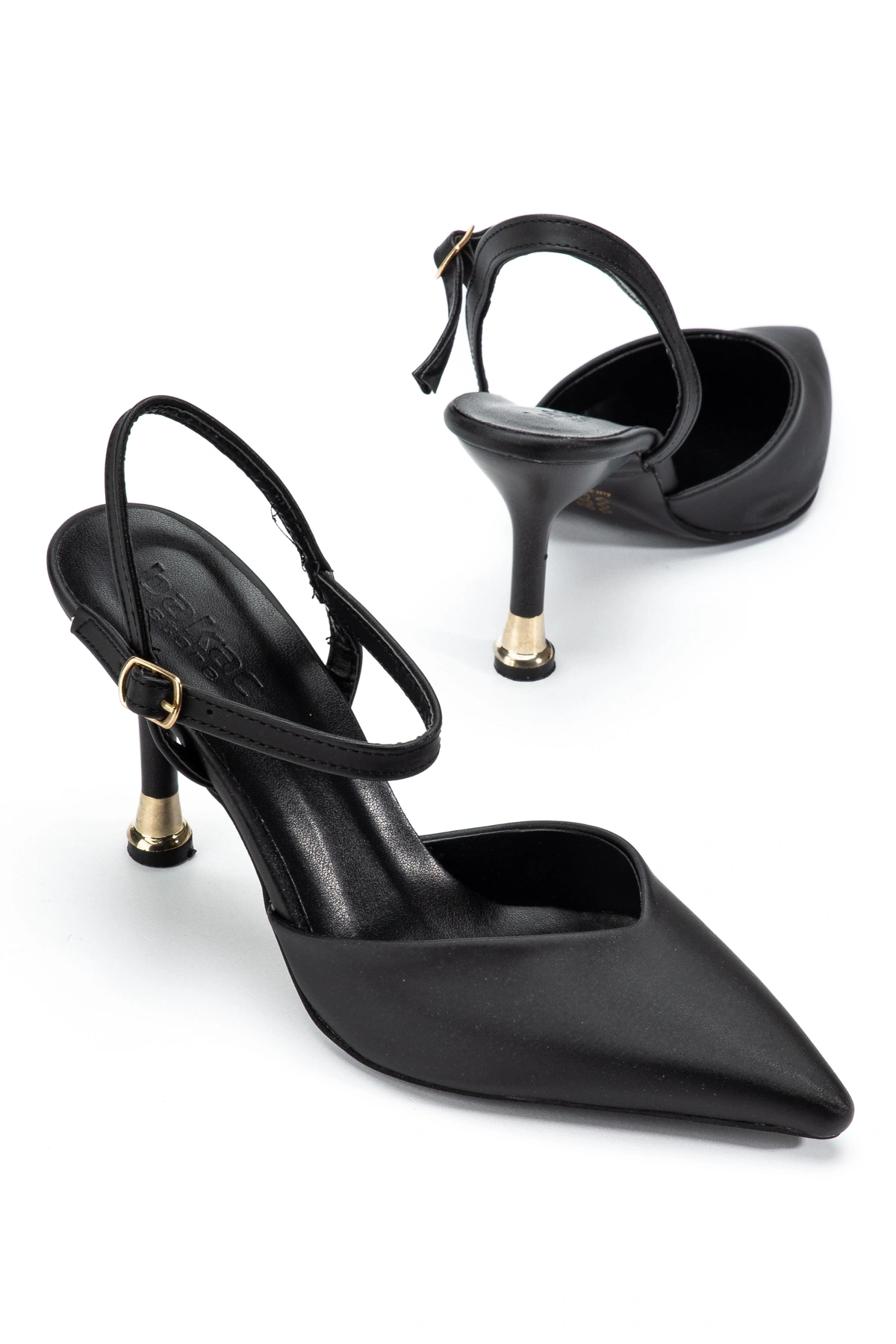 Kadın Siyah Saten Kumaş Gold Ökçeli Topuklu Ayakkabı