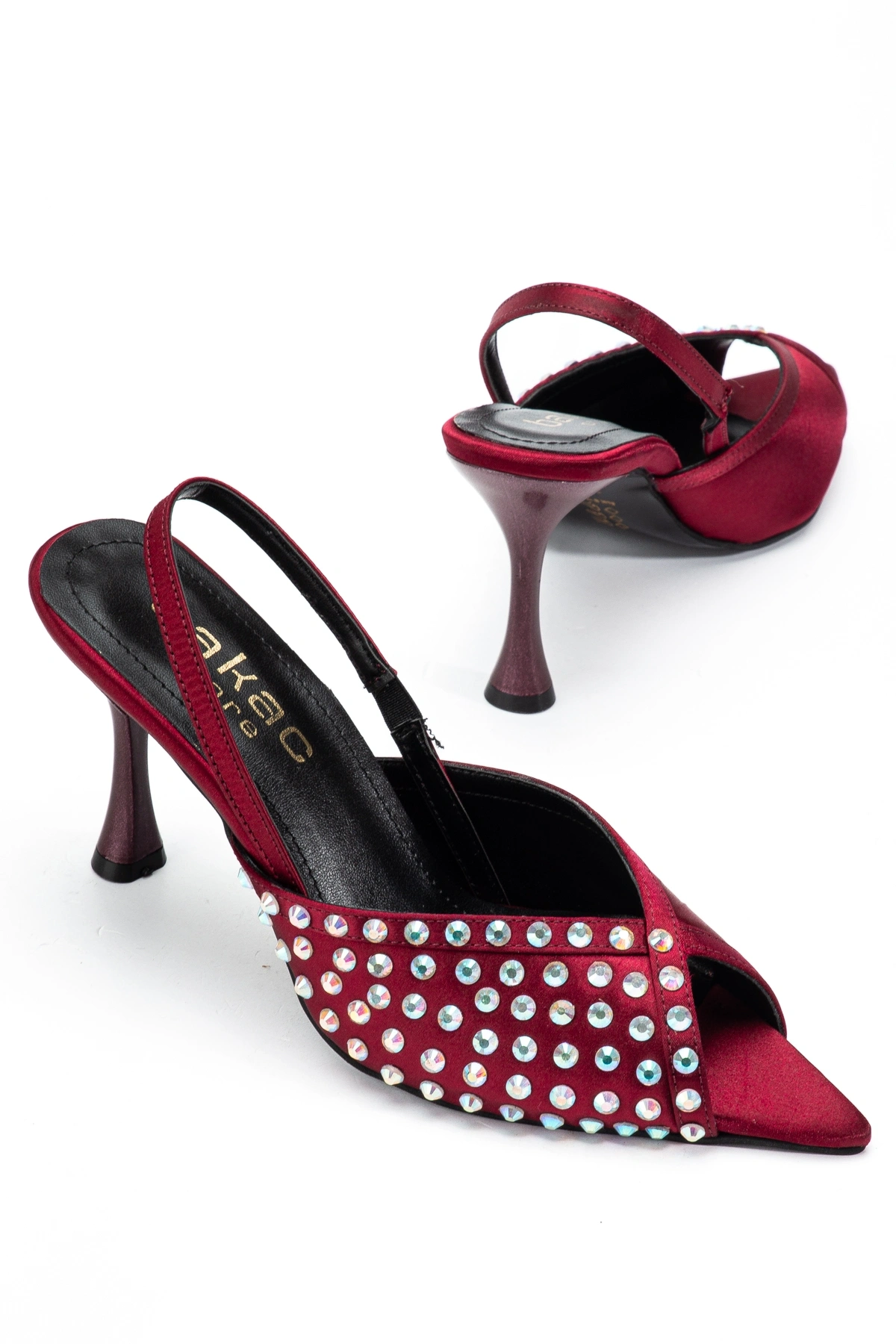 Kadın Bordo Saten Kumaş Parlak Taşlı Şık Topuklu Ayakkabı