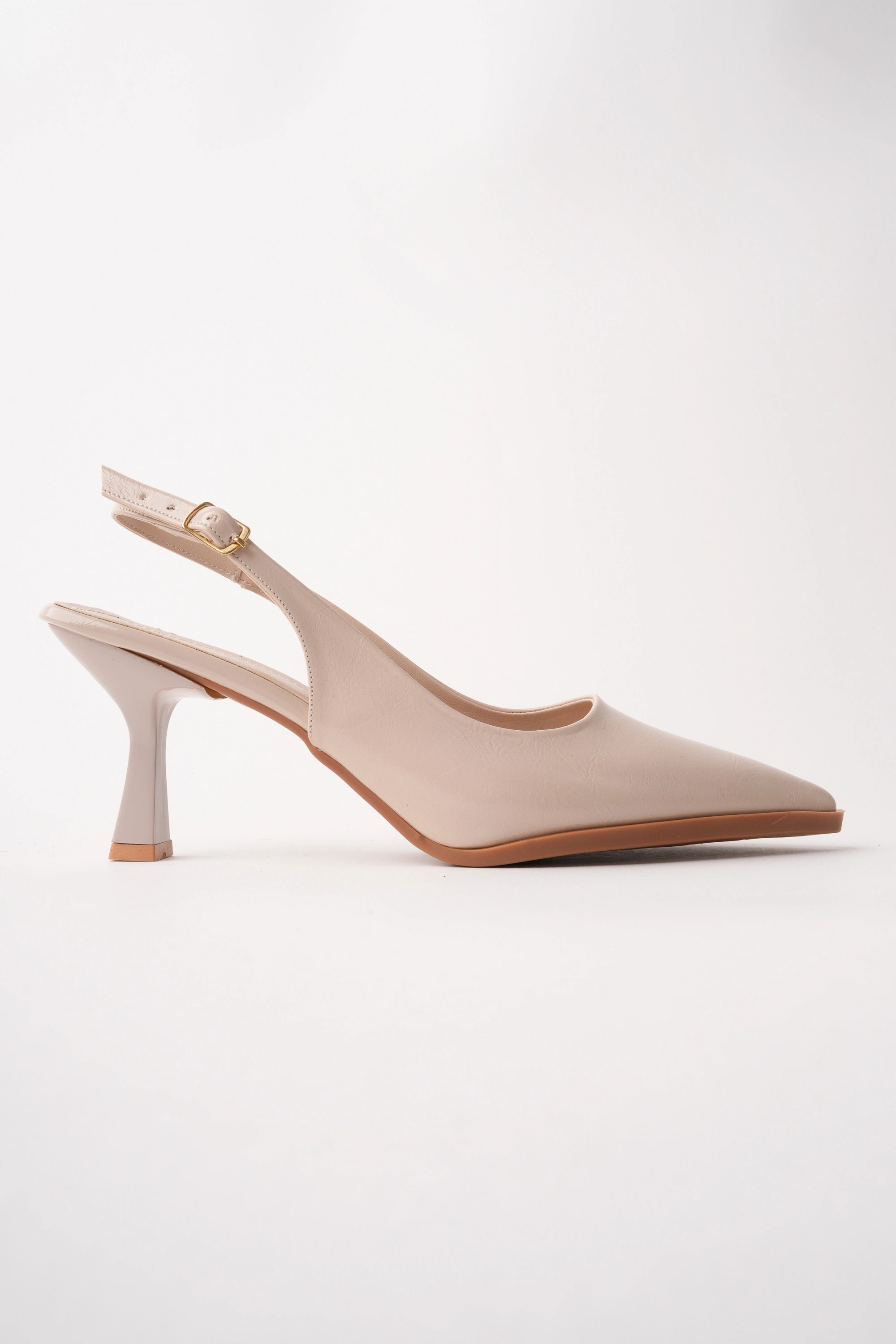 Kadın Bej Rengi Arkası Açık Sivri Burun Topuklu Ayakkabı
