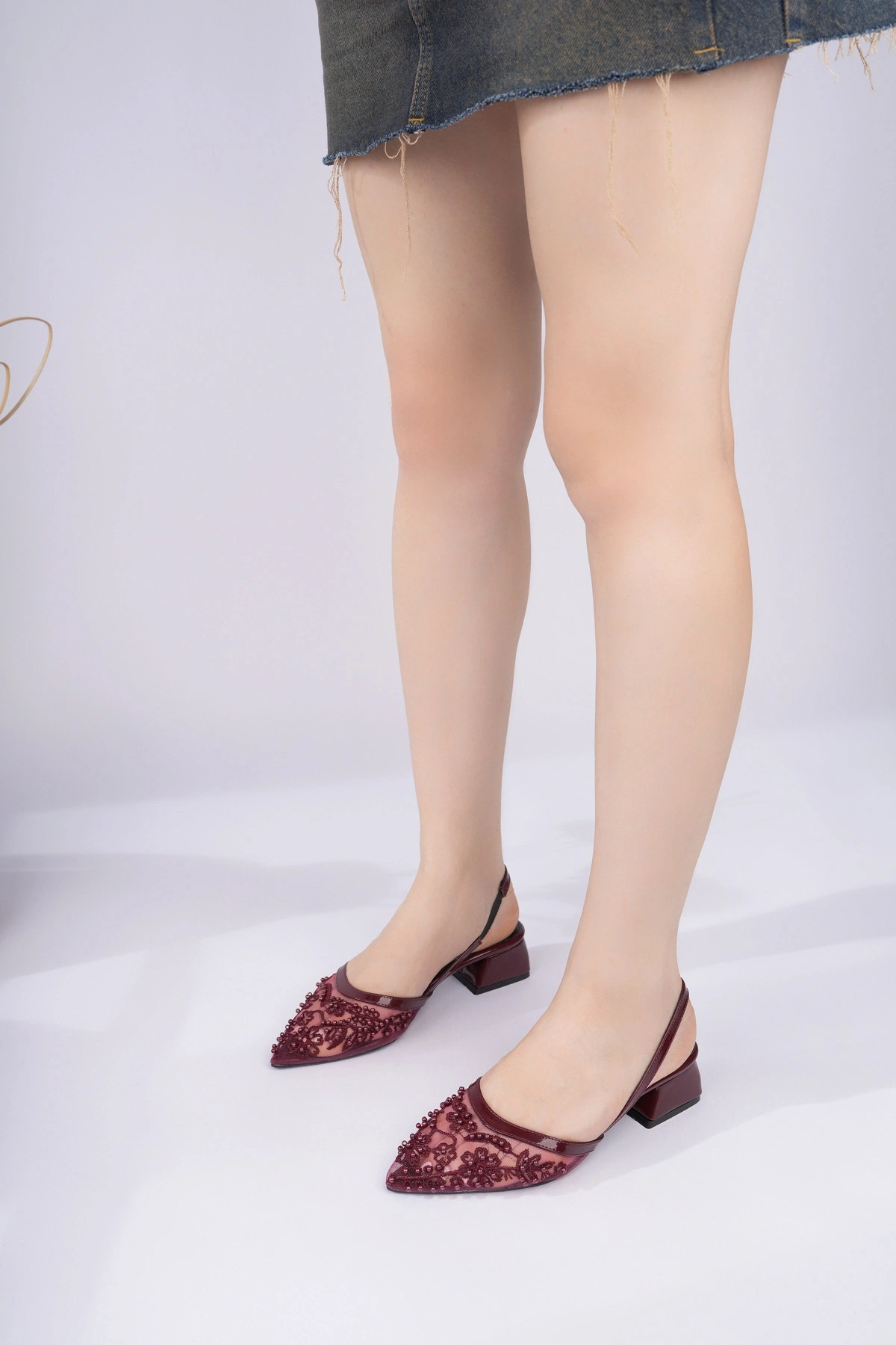 Kadın Bordo Nakışlı Ve Boncuklu Topuklu Ayakkabı