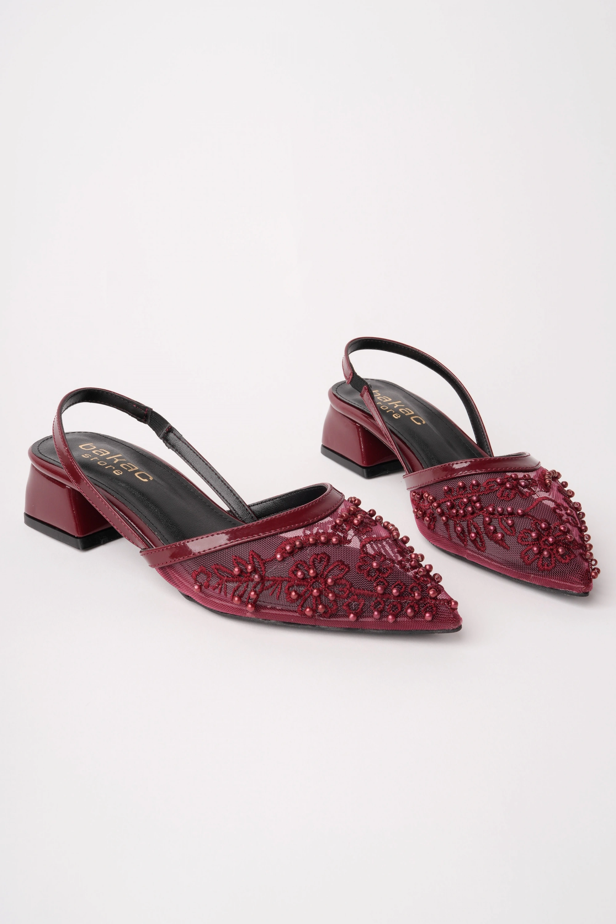 Kadın Bordo Nakışlı Ve Boncuklu Topuklu Ayakkabı