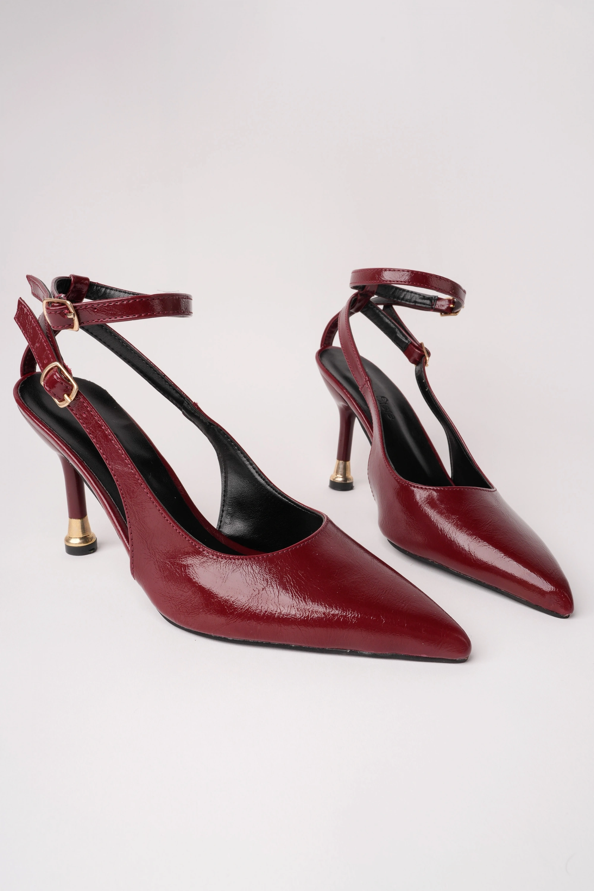 Kadın Bordo Kırışık Rugan Çift Biyeli Topuklu Ayakkabı