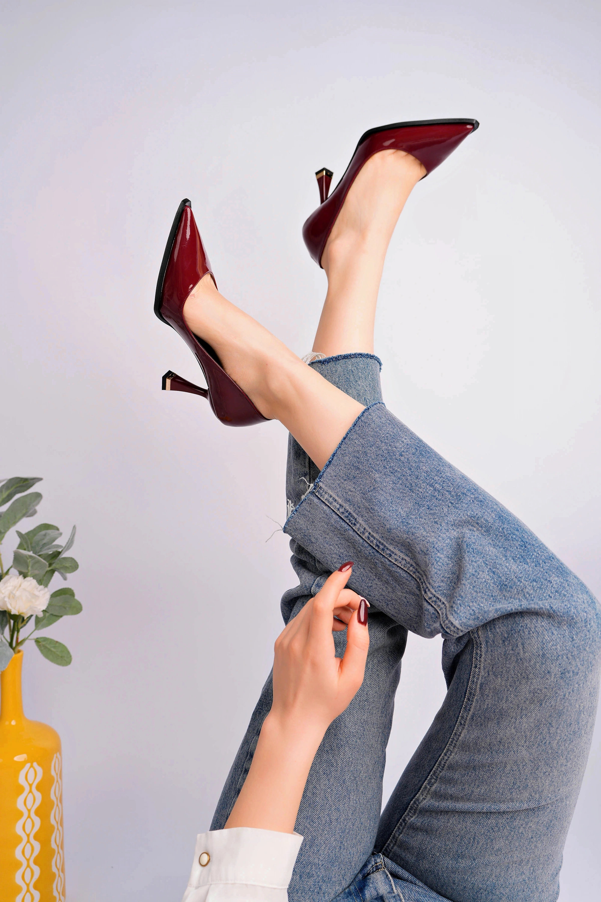 Kadın Bordo Rugan Sivri Burun Şık Topuklu Ayakkabı