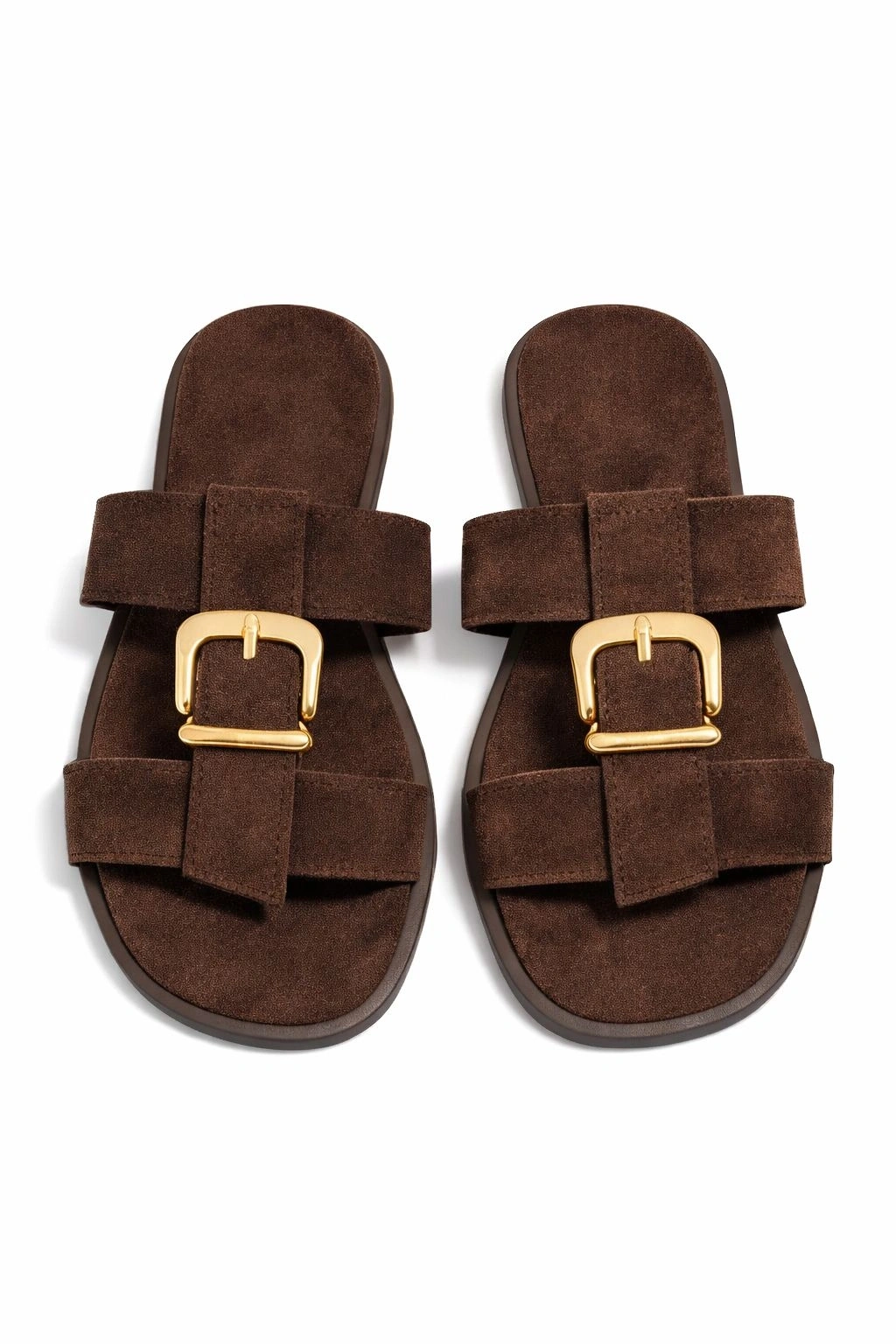 Kadın Kahverengi Süet Kumaş Gold Toka Detaylı Rahat Taban Terlik