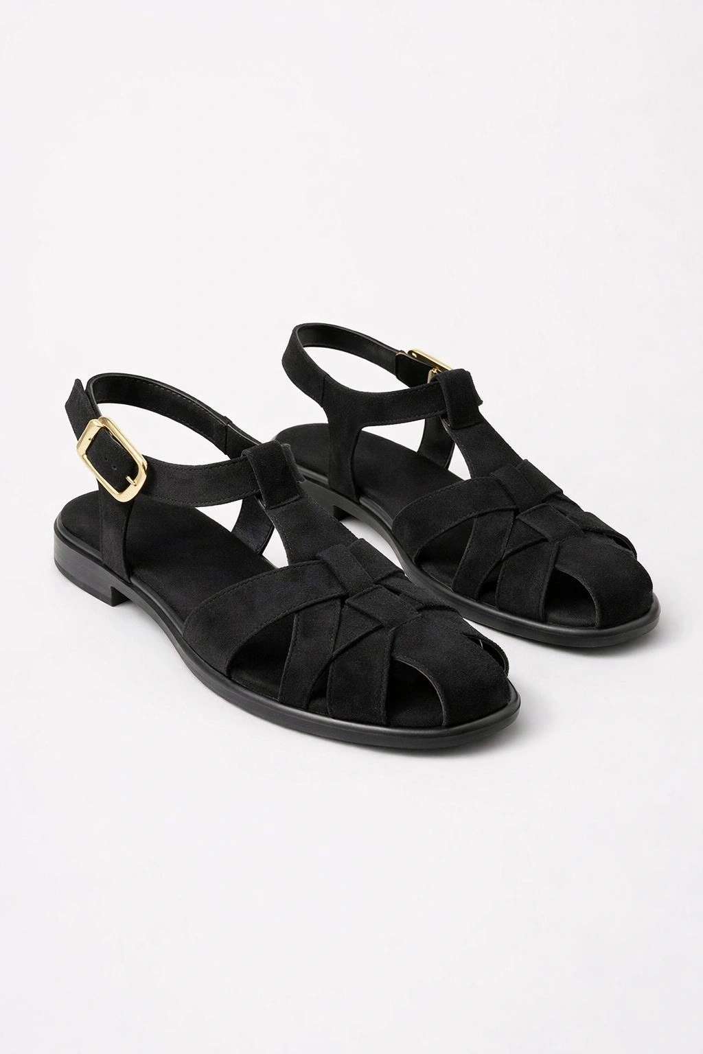 Kadın Siyah Süet Kumaş Rahat Taban Günlük Sandalet