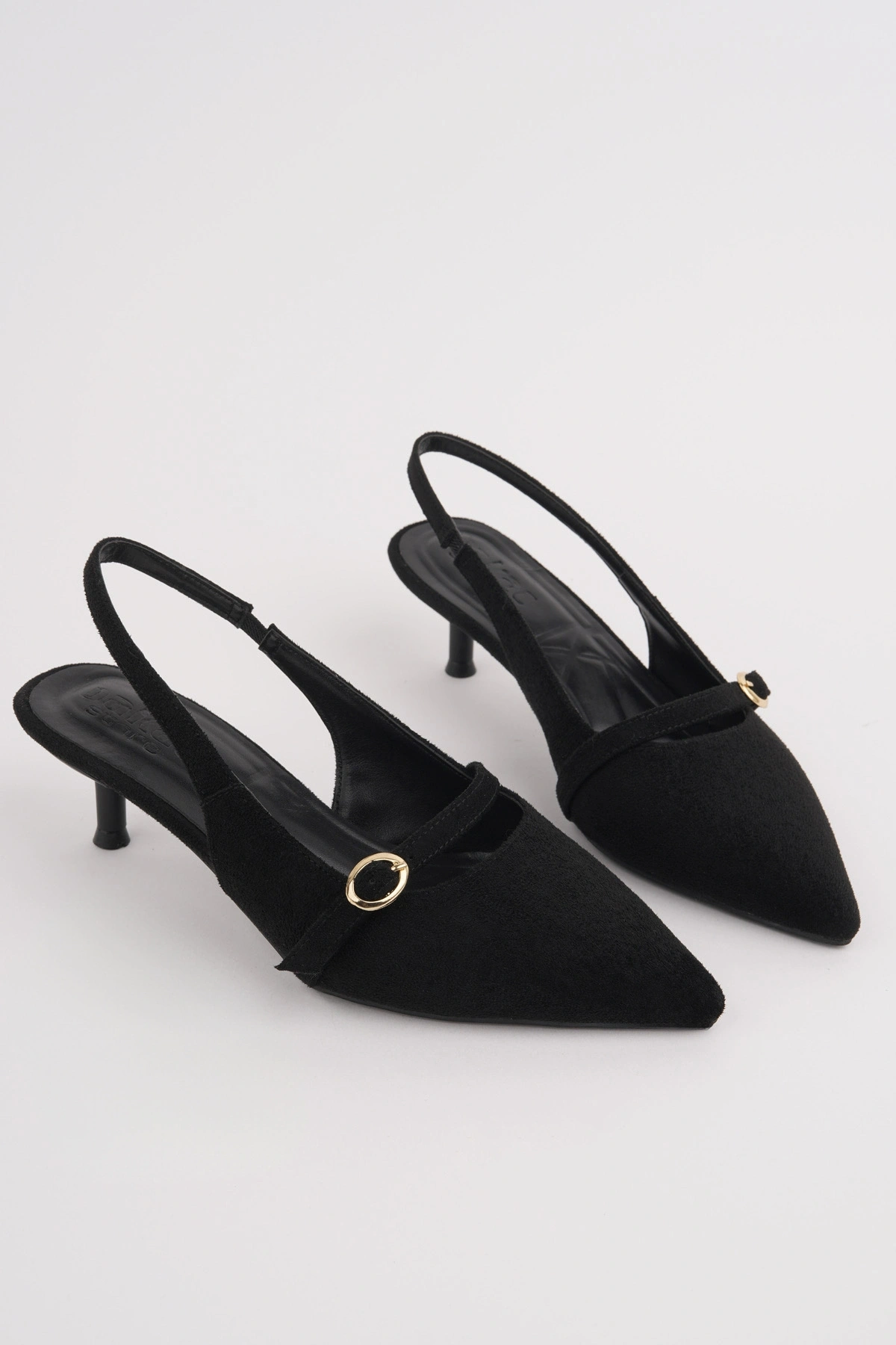Kadın Siyah Süet Toka Detaylı Sivri Burun Kısa Topuklu Ayakkabı