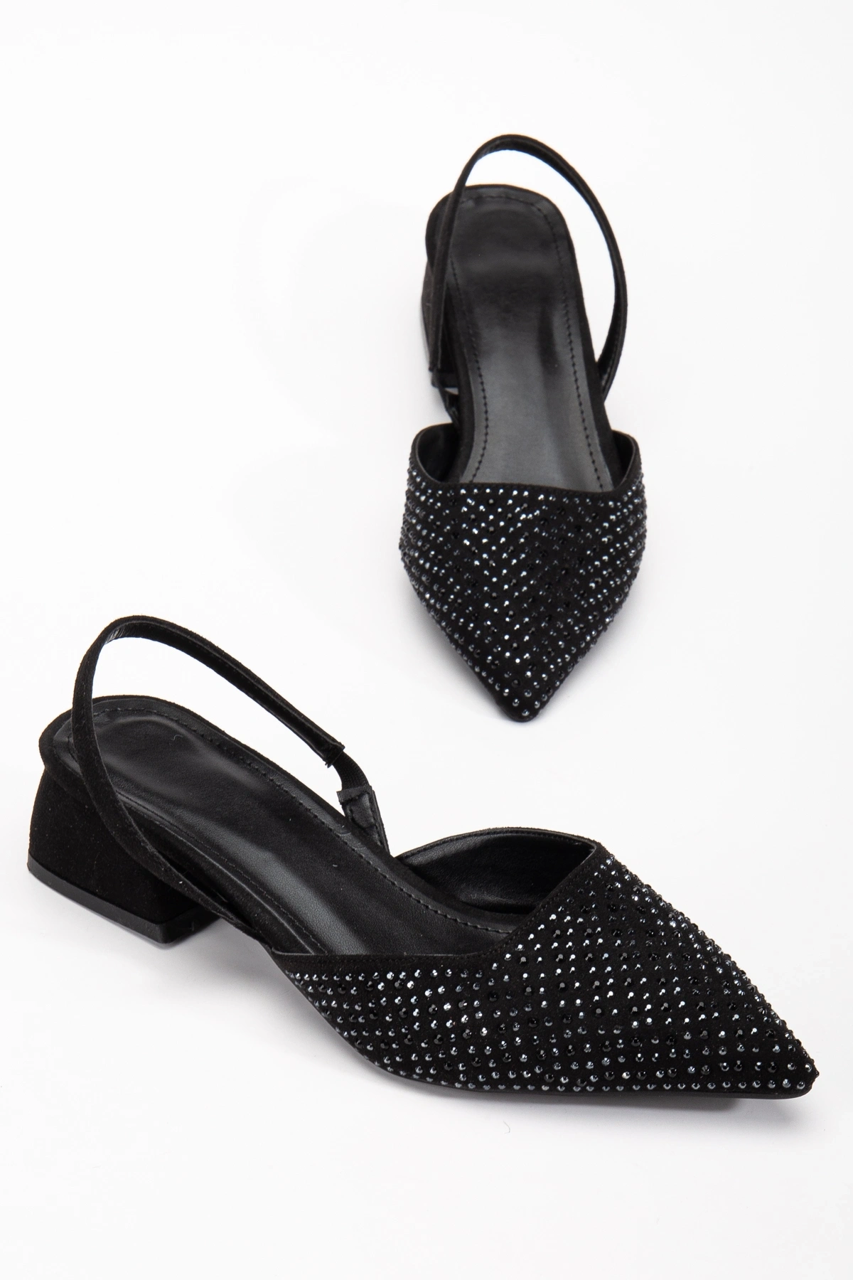 Kadın Siyah Süet Taş Detaylı Sivri Burun Arkası Açık Ayakkabı